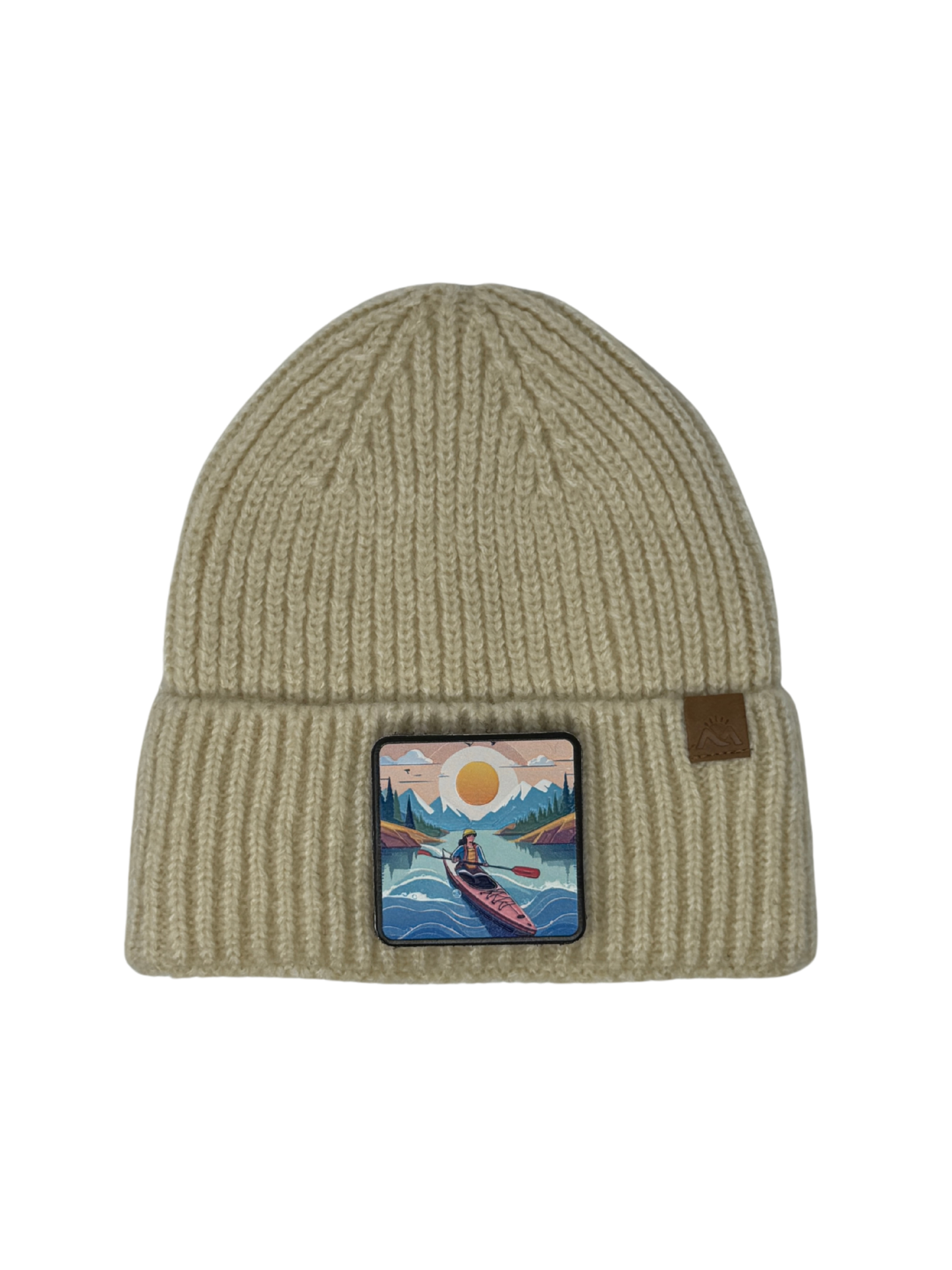 Sunset Kayak | Embossed Removable Adventure Patch Beanie - Wool Blend, Soft, Warm, One Size Fits Most