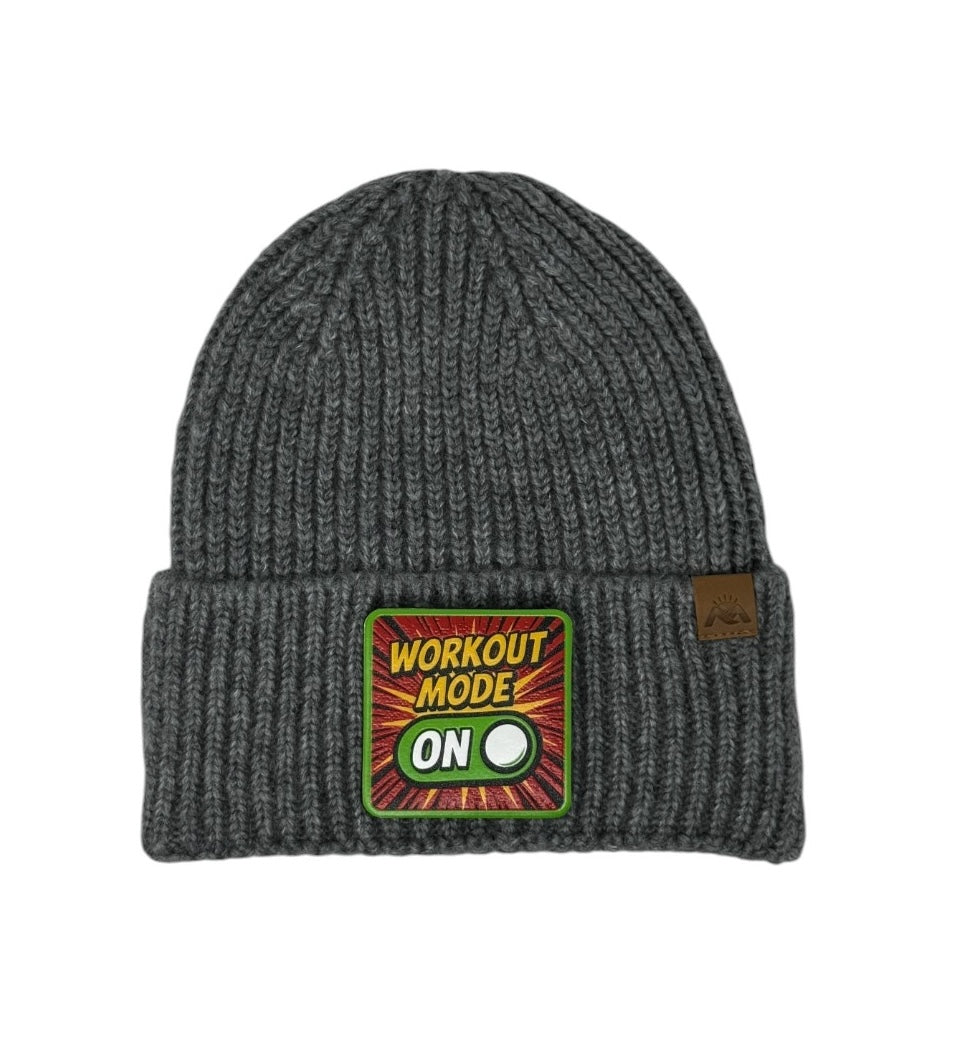 Workout Mode On | Embossed Removable Patch Beanie - Wool Blend, Soft, Warm, One Size Fits Most