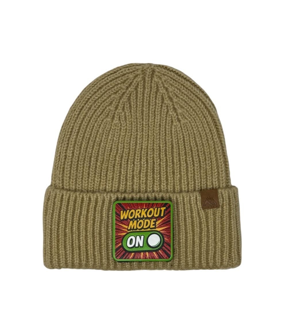 Workout Mode On | Embossed Removable Patch Beanie - Wool Blend, Soft, Warm, One Size Fits Most