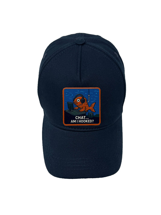 Am I Hooked? | Embossed Removable Patch 5 Panel Baseball Hat – %100 Cotton, Adjustable Strapback, Curved Bill , One Size Fits Most