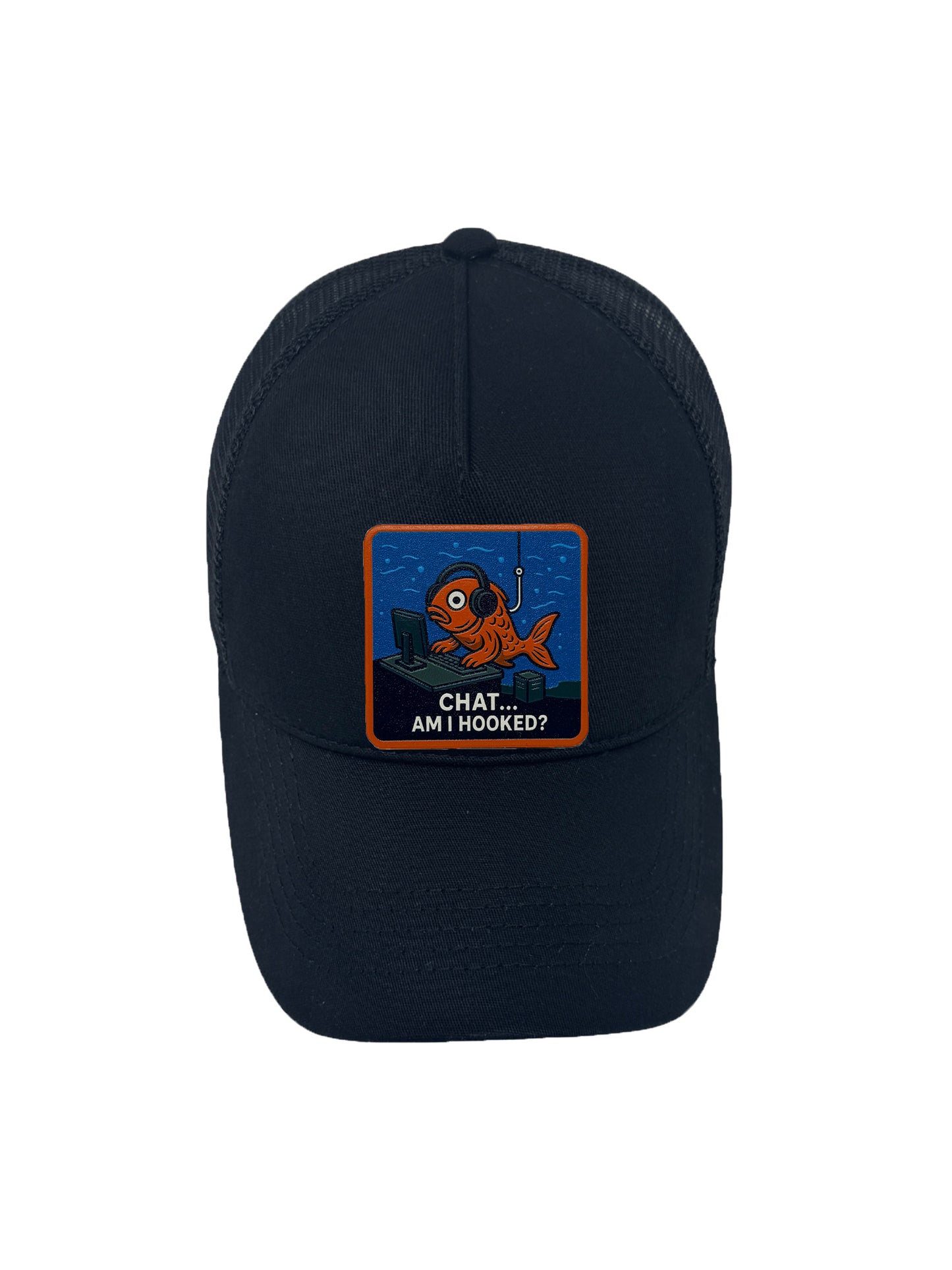 Am I Hooked? | Embossed Removable Patch Trucker Hat – Adjustable Snapback, Breathable Mesh, One Size Fits Most