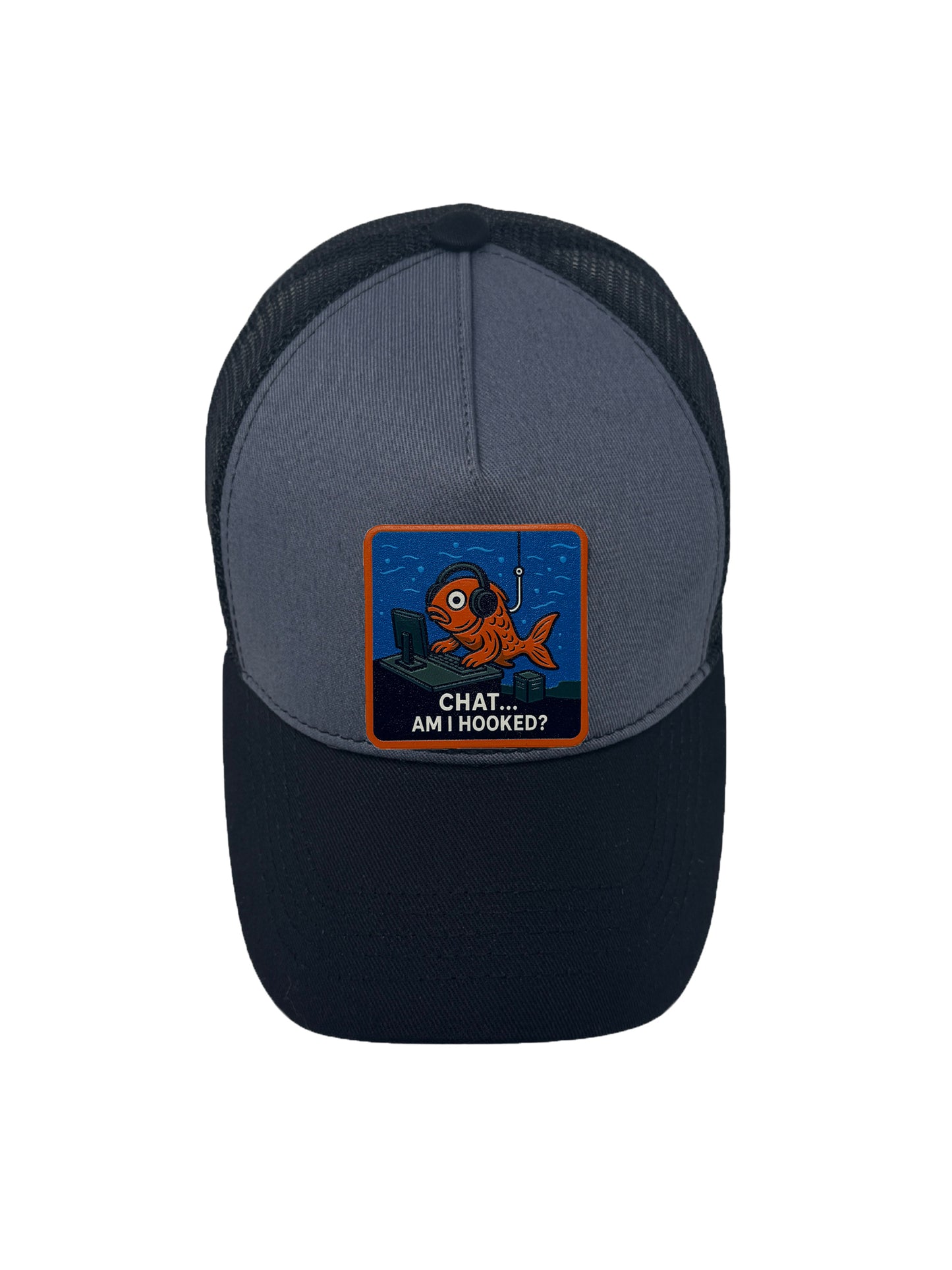 Am I Hooked? | Embossed Removable Patch Trucker Hat – Adjustable Snapback, Breathable Mesh, One Size Fits Most