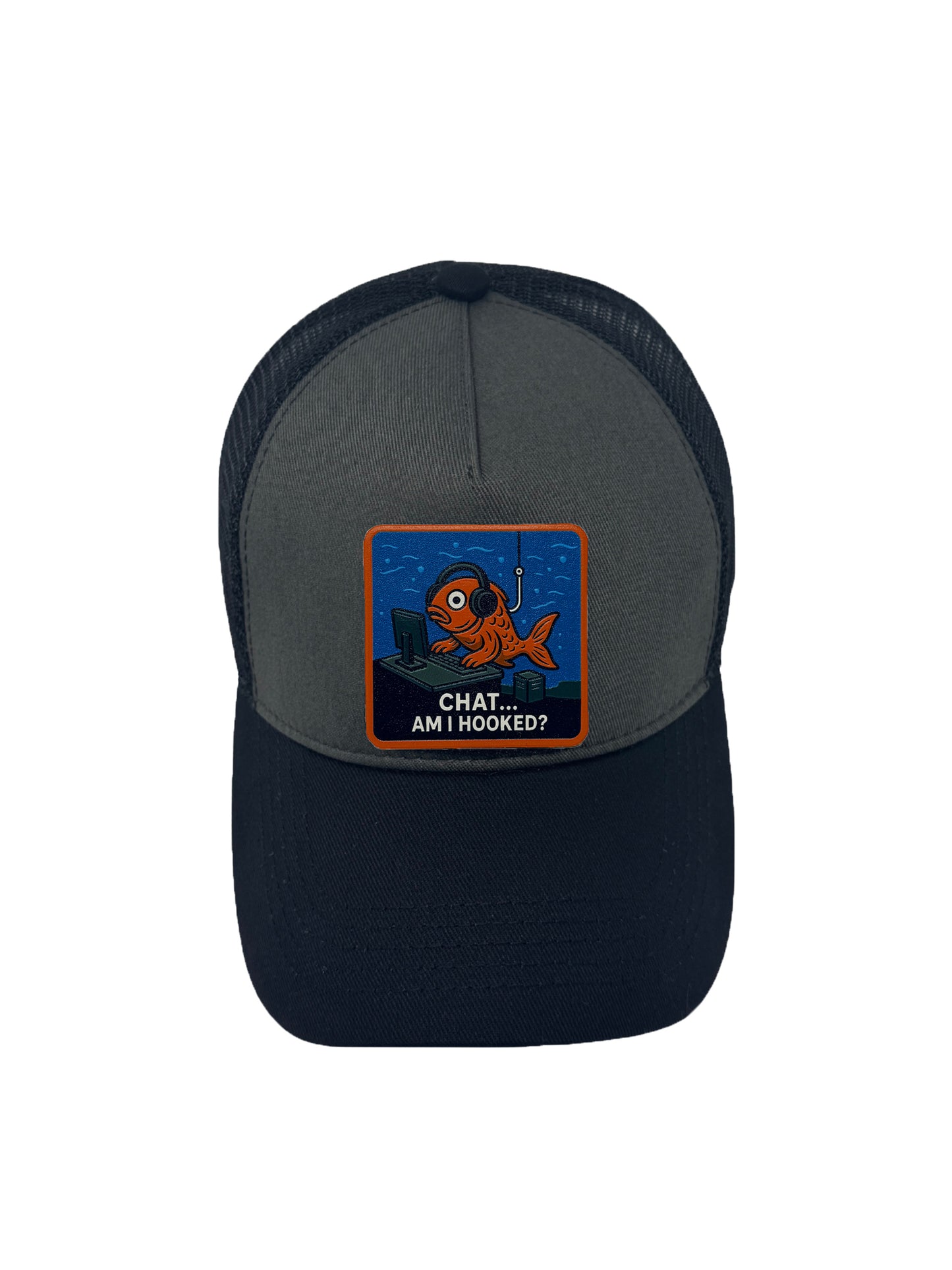 Am I Hooked? | Embossed Removable Patch Trucker Hat – Adjustable Snapback, Breathable Mesh, One Size Fits Most
