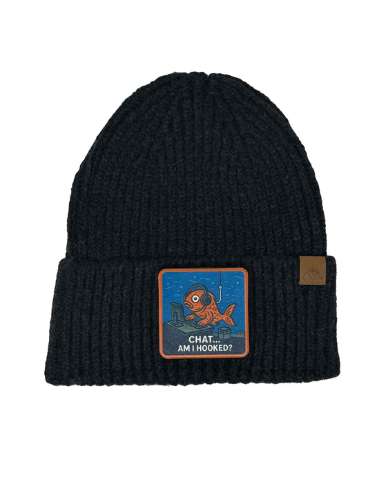 Am I Hooked? | Embossed Removable Patch Beanie - Wool Blend, Soft, Warm, One Size Fits All