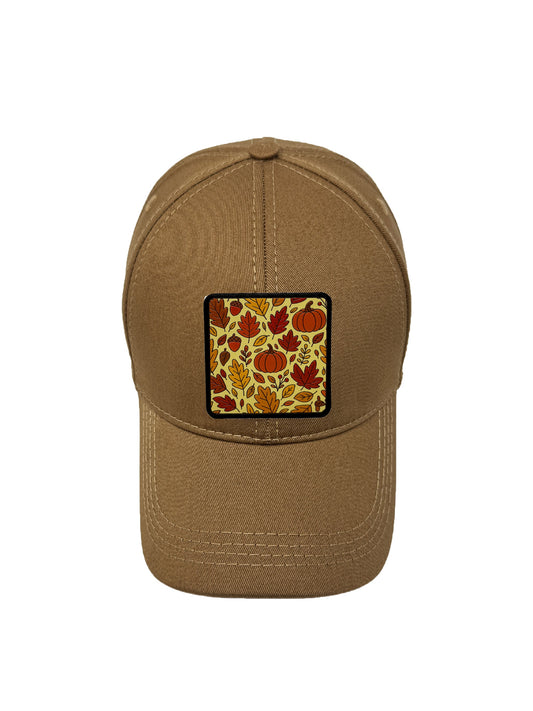 Autumn Vibes | Embossed Removable Fall Patch 6 Panel Baseball Hat – %100 Cotton, Adjustable Strapback, Curved Bill , One Size Fits Most