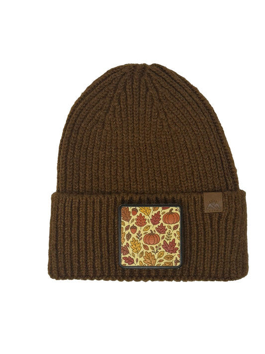 Autumn Vibes | Embossed Removable Fall Patch Beanie - Wool Blend, Soft, Warm, One Size Fits Most
