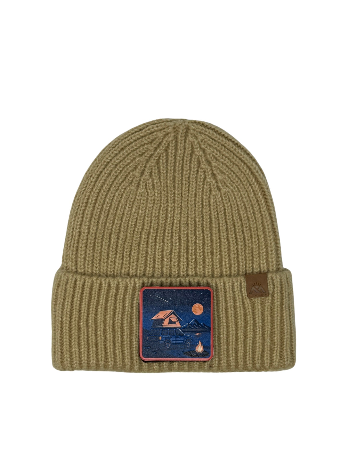 Campfire Nights | Embossed Removable Patch Beanie - Wool Blend, Soft, Warm, One Size Fits Most