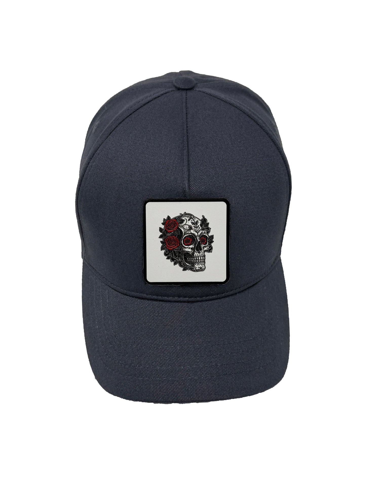 B&W Skull | Embossed Removable Patch 5 Panel Baseball Hat – %100 Cotton, Adjustable Strapback, Curved Bill , One Size Fits Most