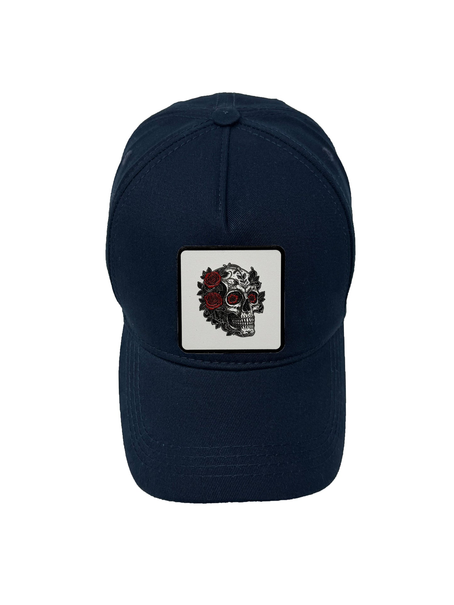 B&W Skull | Embossed Removable Patch 5 Panel Baseball Hat – %100 Cotton, Adjustable Strapback, Curved Bill , One Size Fits Most