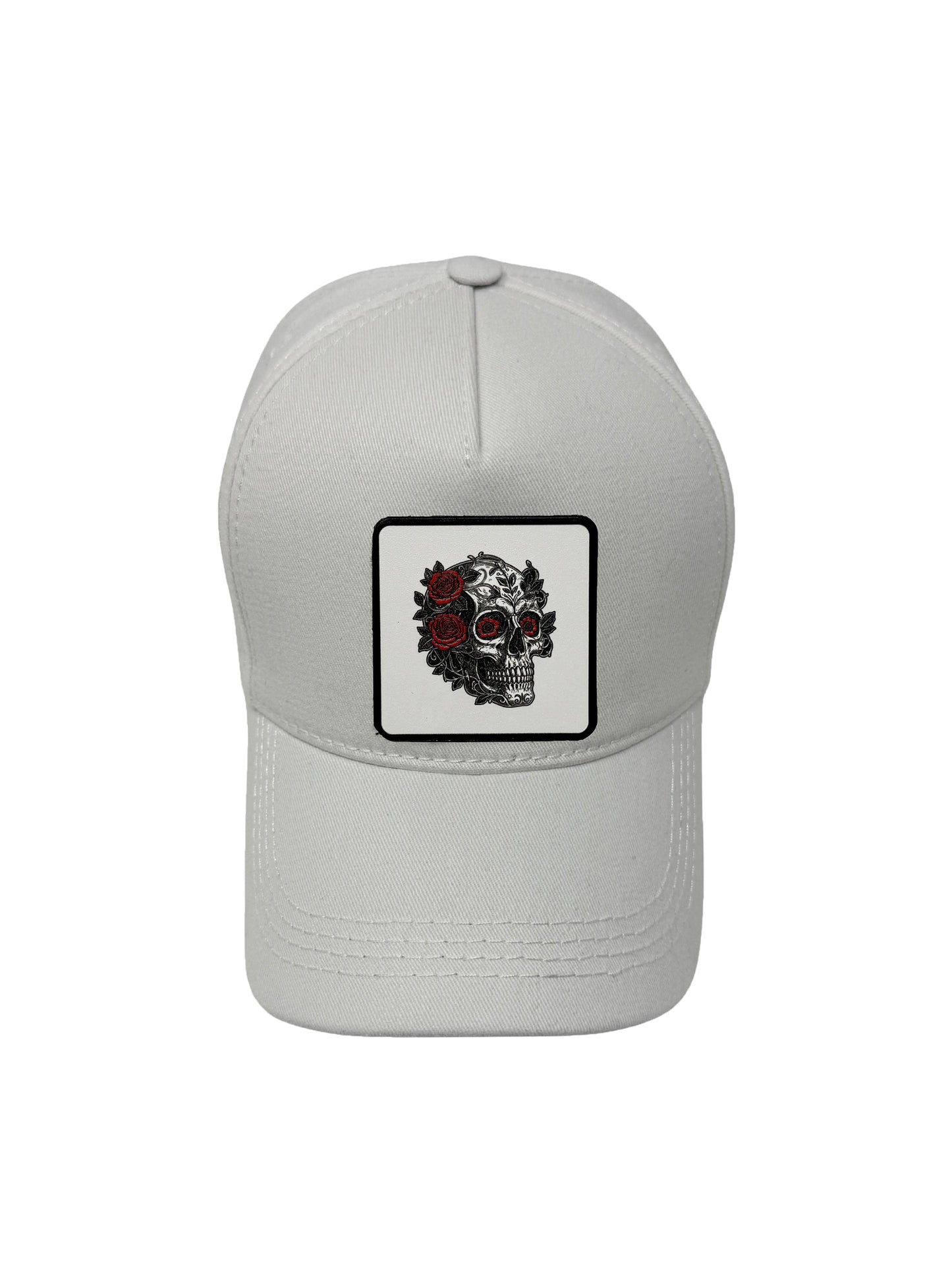 B&W Skull | Embossed Removable Patch 5 Panel Baseball Hat – %100 Cotton, Adjustable Strapback, Curved Bill , One Size Fits Most