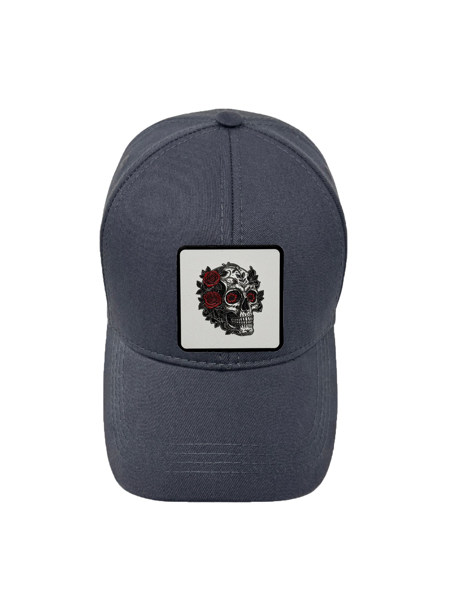 B&W Skull | Embossed Removable Patch 6 Panel Baseball Hat – %100 Cotton, Adjustable Strapback, Curved Bill , One Size Fits Most