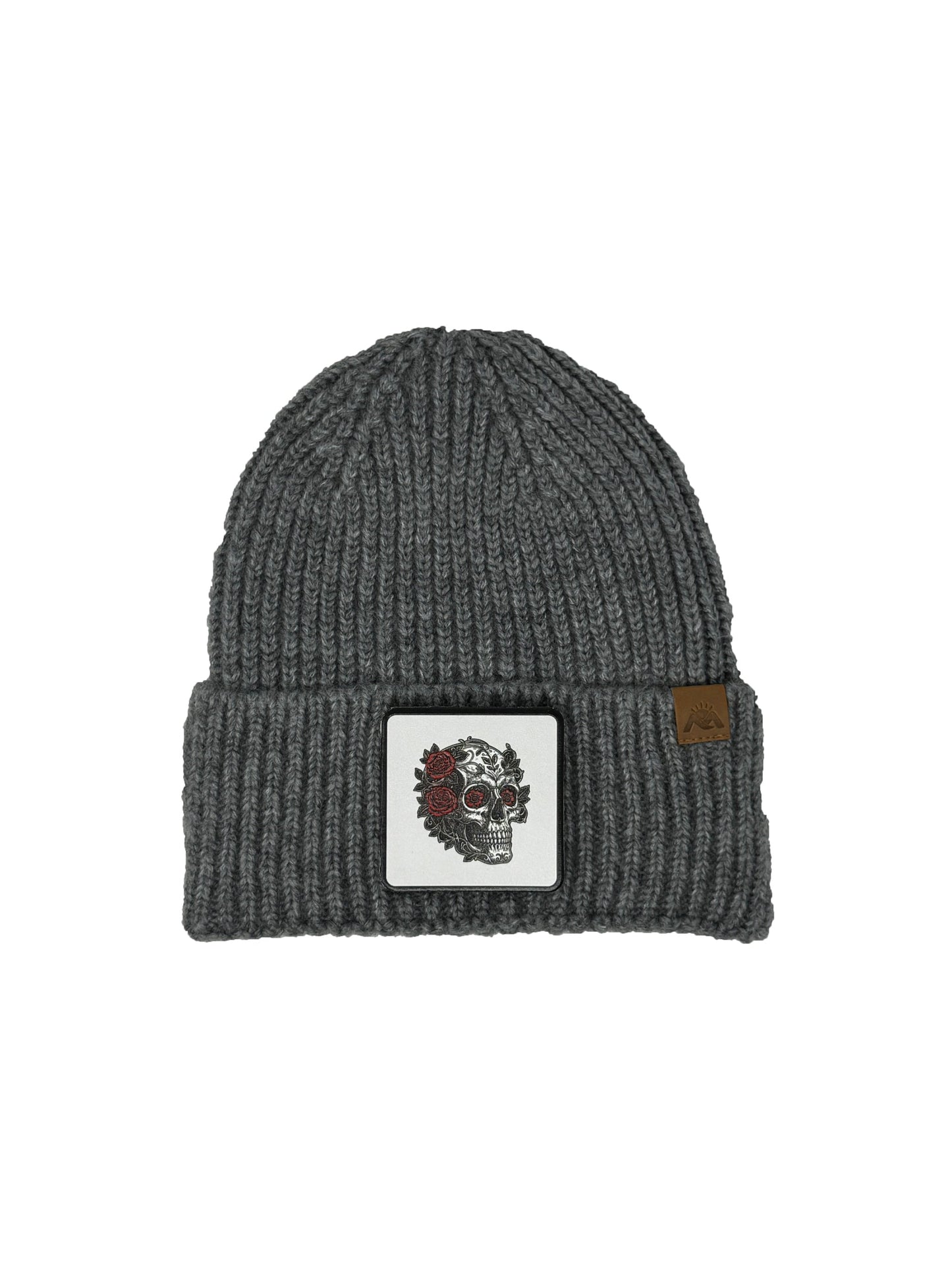 B&W Skull | Embossed Removable Patch Beanie - Wool Blend, Soft, Warm, One Size Fits Most