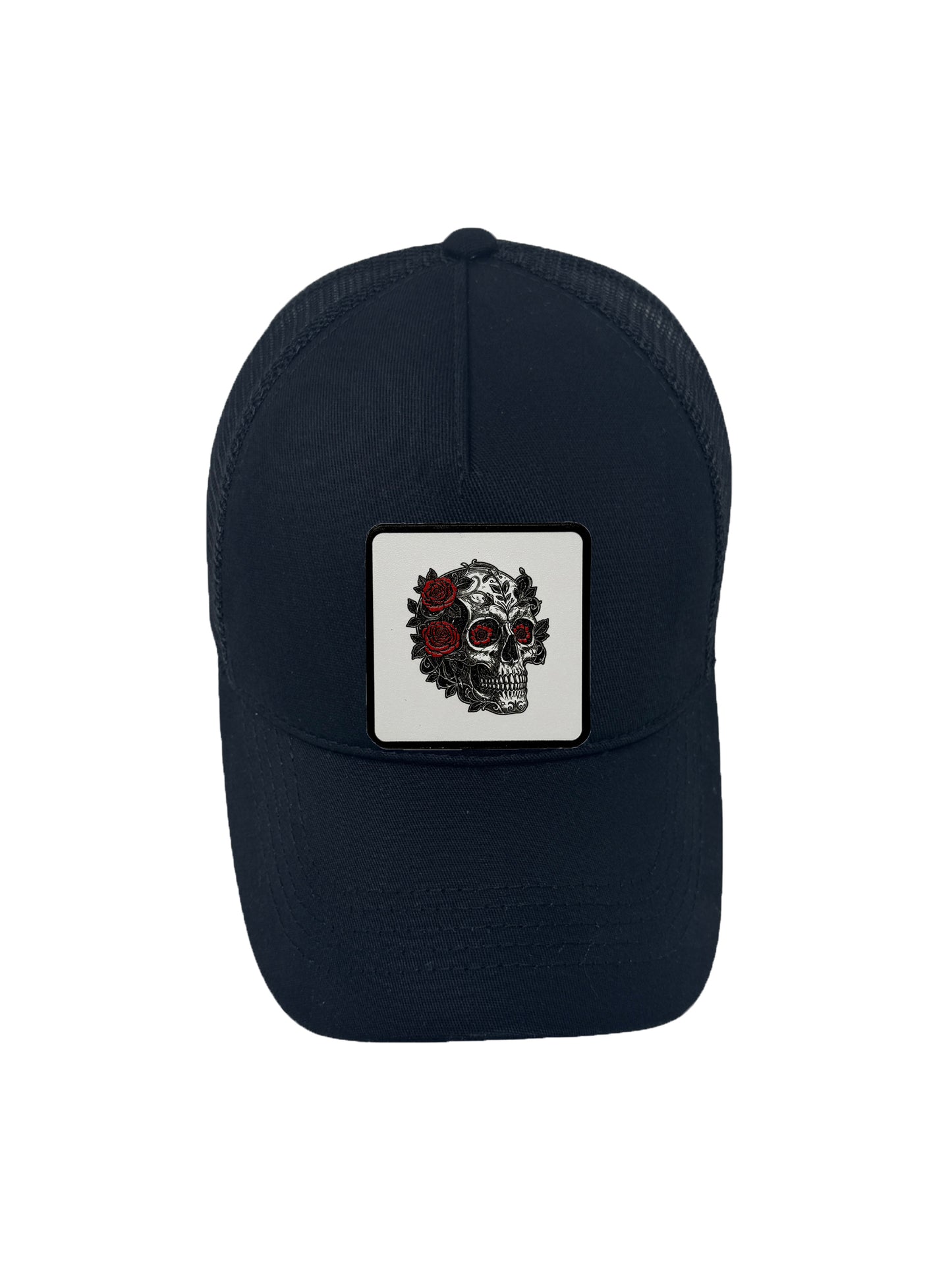 B&W Skull | Embossed Removable Patch Trucker Hat – Adjustable Snapback, Breathable Mesh, One Size Fits Most