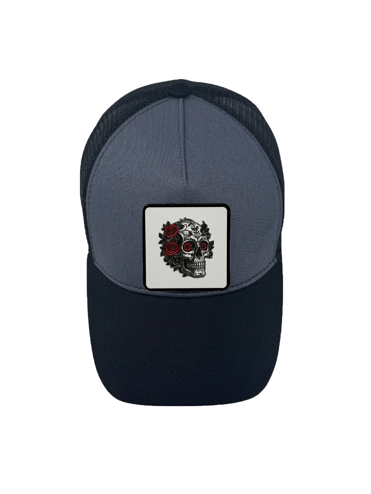 B&W Skull | Embossed Removable Patch Trucker Hat – Adjustable Snapback, Breathable Mesh, One Size Fits Most