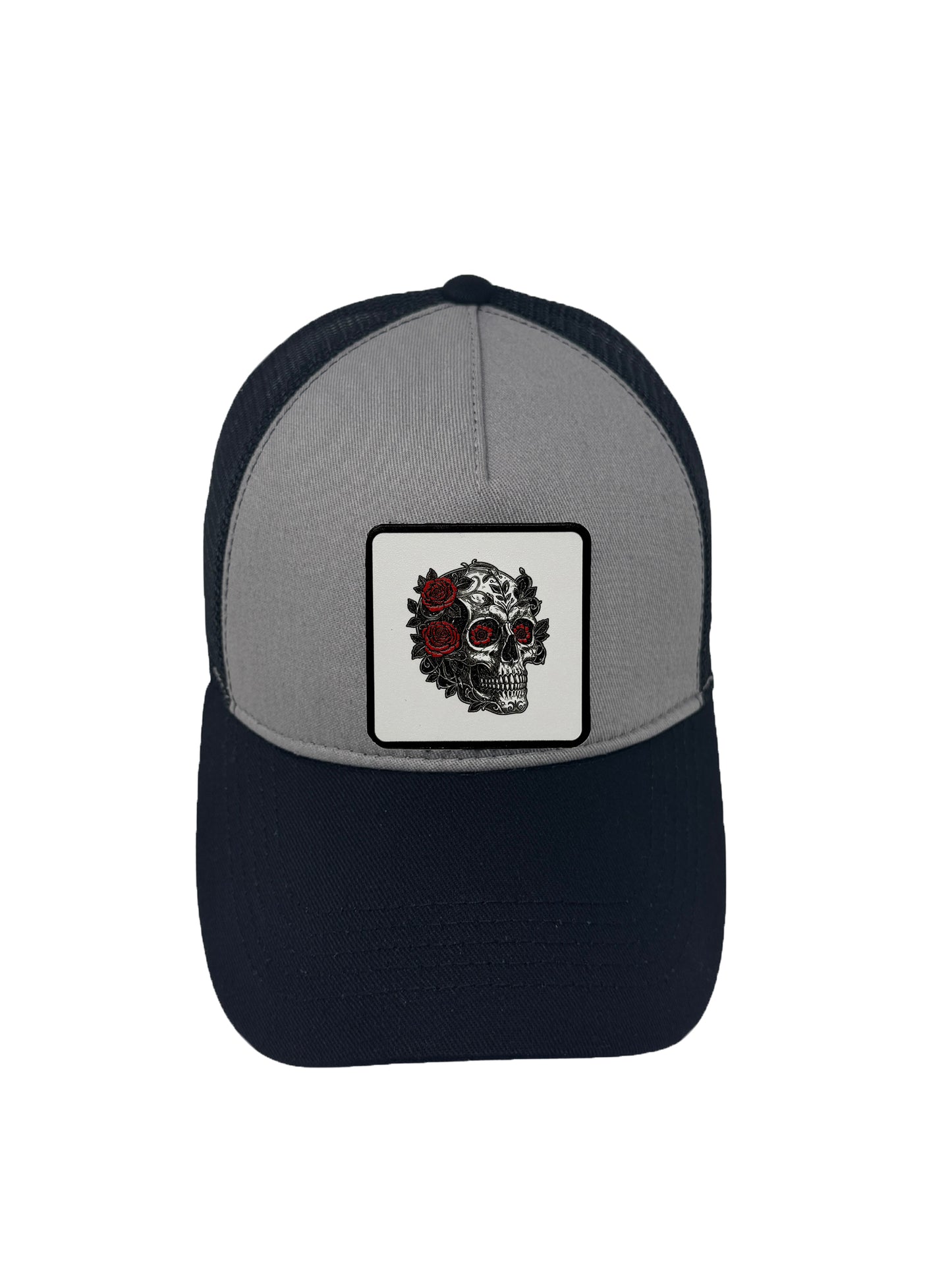 B&W Skull | Embossed Removable Patch Trucker Hat – Adjustable Snapback, Breathable Mesh, One Size Fits Most
