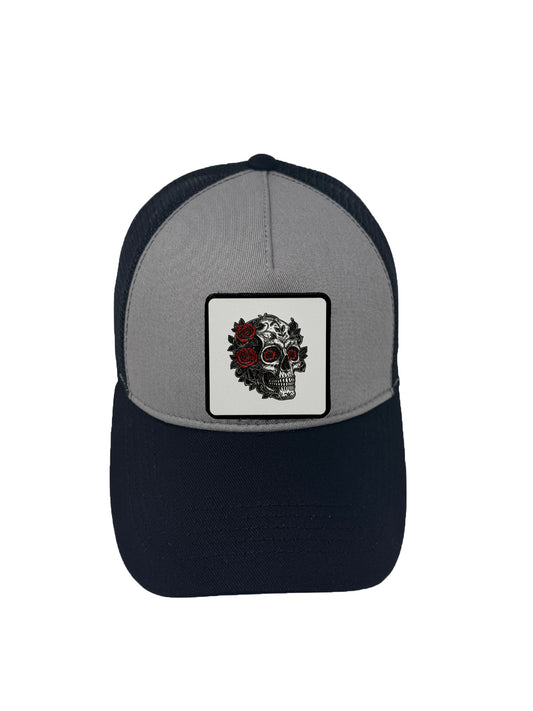 B&W Skull | Embossed Removable Patch Trucker Hat – Adjustable Snapback, Breathable Mesh, One Size Fits Most