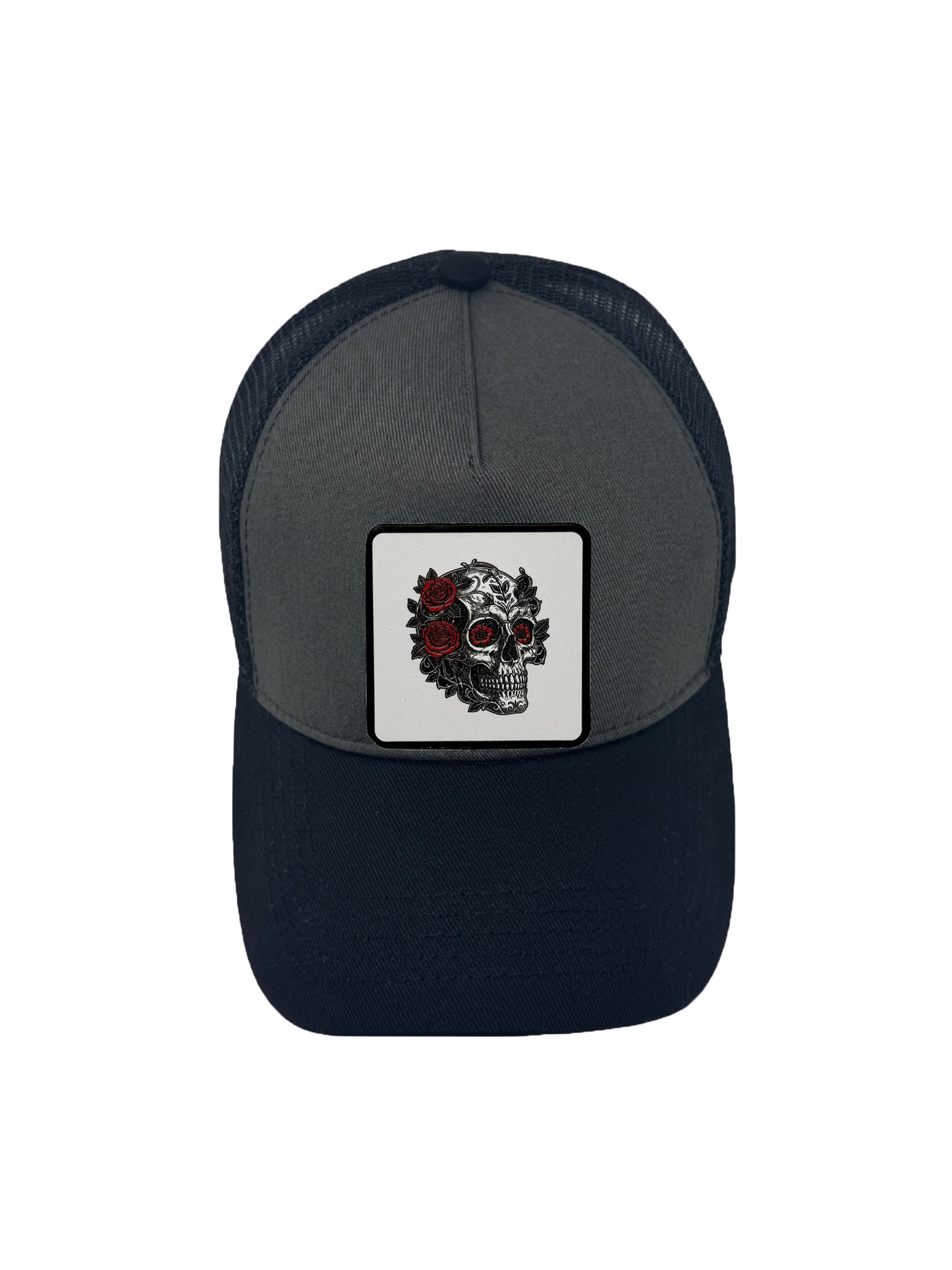B&W Skull | Embossed Removable Patch Trucker Hat – Adjustable Snapback, Breathable Mesh, One Size Fits Most