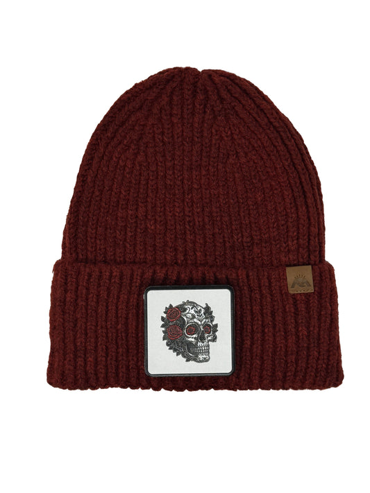 B&W Skull | Embossed Removable Patch Beanie - Wool Blend, Soft, Warm, One Size Fits Most