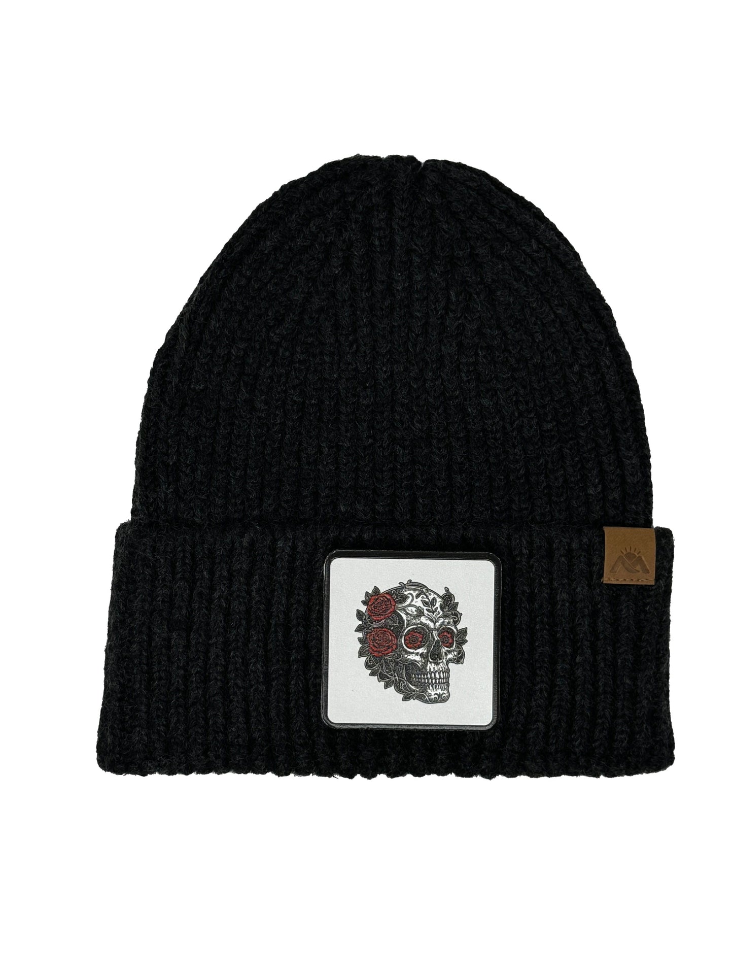 B&W Skull | Embossed Removable Patch Beanie - Wool Blend, Soft, Warm, One Size Fits Most