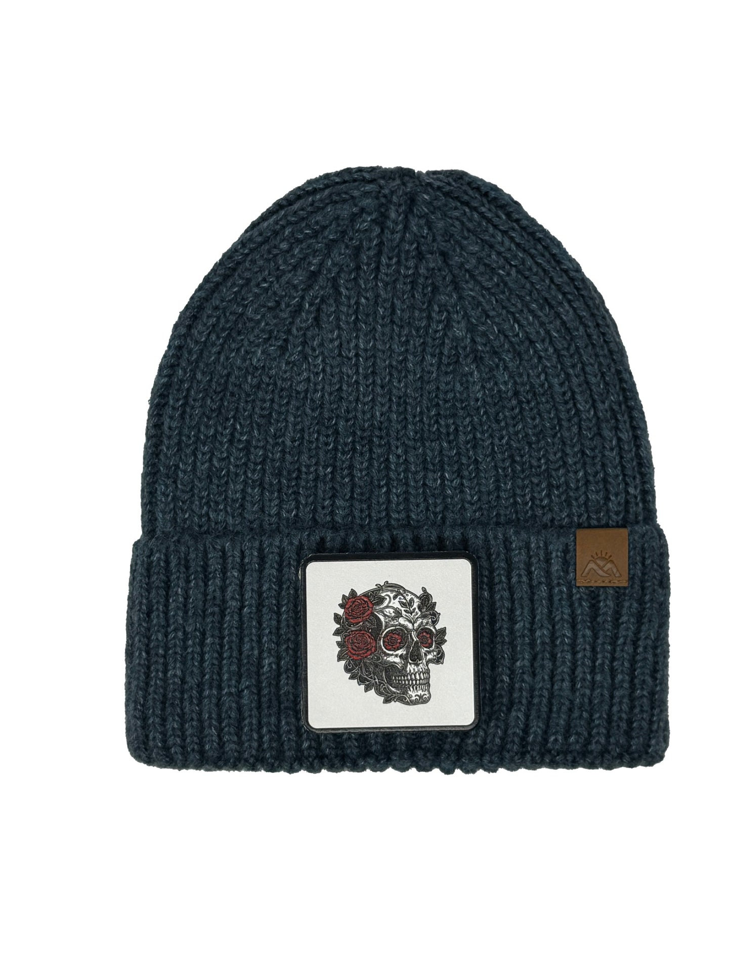 B&W Skull | Embossed Removable Patch Beanie - Wool Blend, Soft, Warm, One Size Fits Most