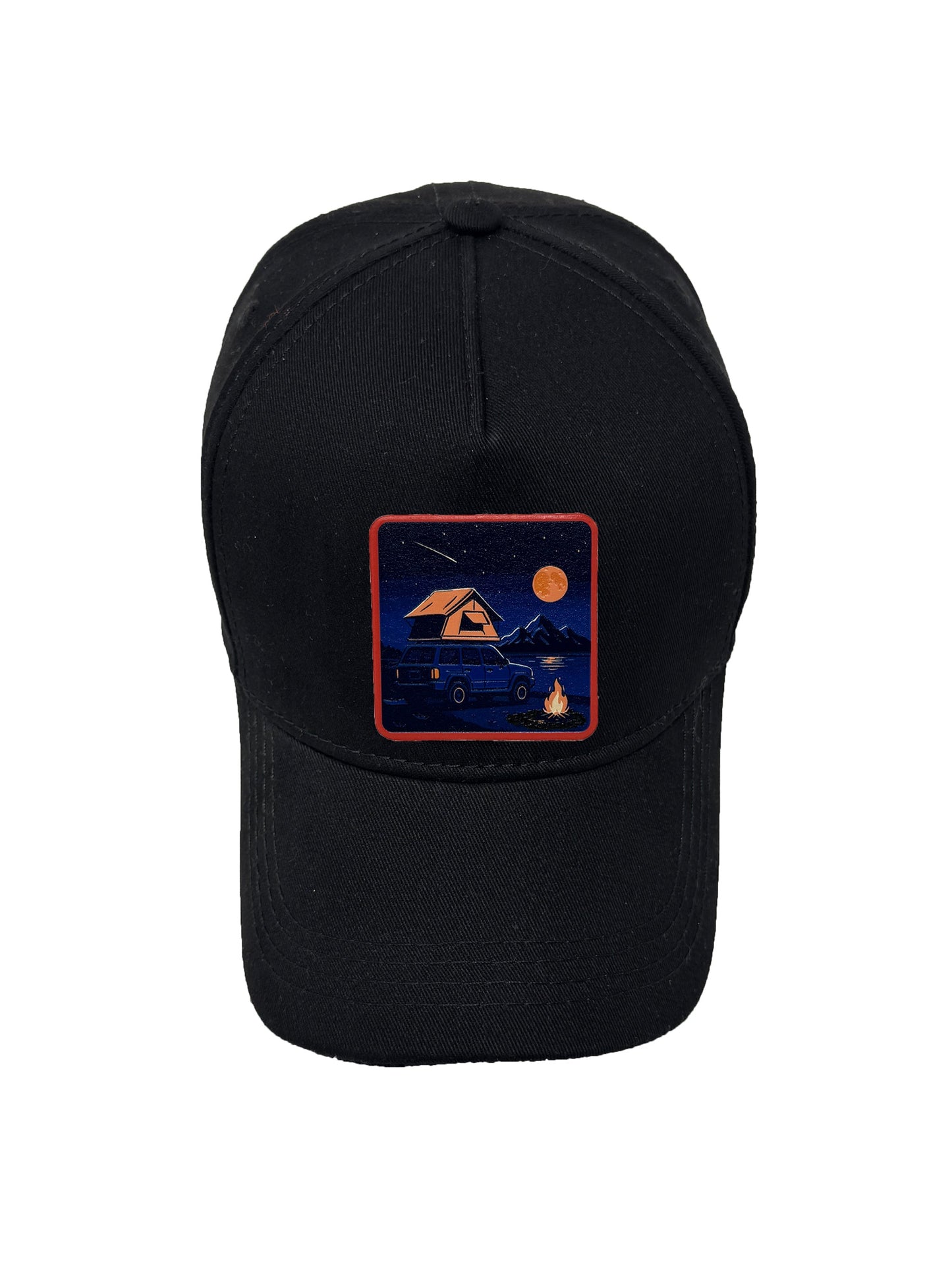 Campfire Nights | Embossed Removable Patch 5 Panel Baseball Hat – %100 Cotton, Adjustable Strapback, Curved Bill , One Size Fits Most