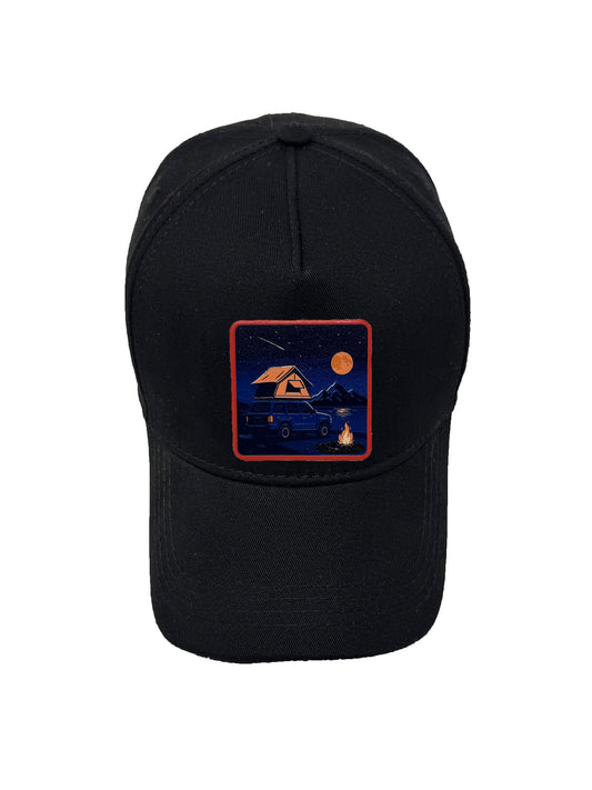 Campfire Nights | Embossed Removable Patch 5 Panel Baseball Hat – %100 Cotton, Adjustable Strapback, Curved Bill , One Size Fits Most