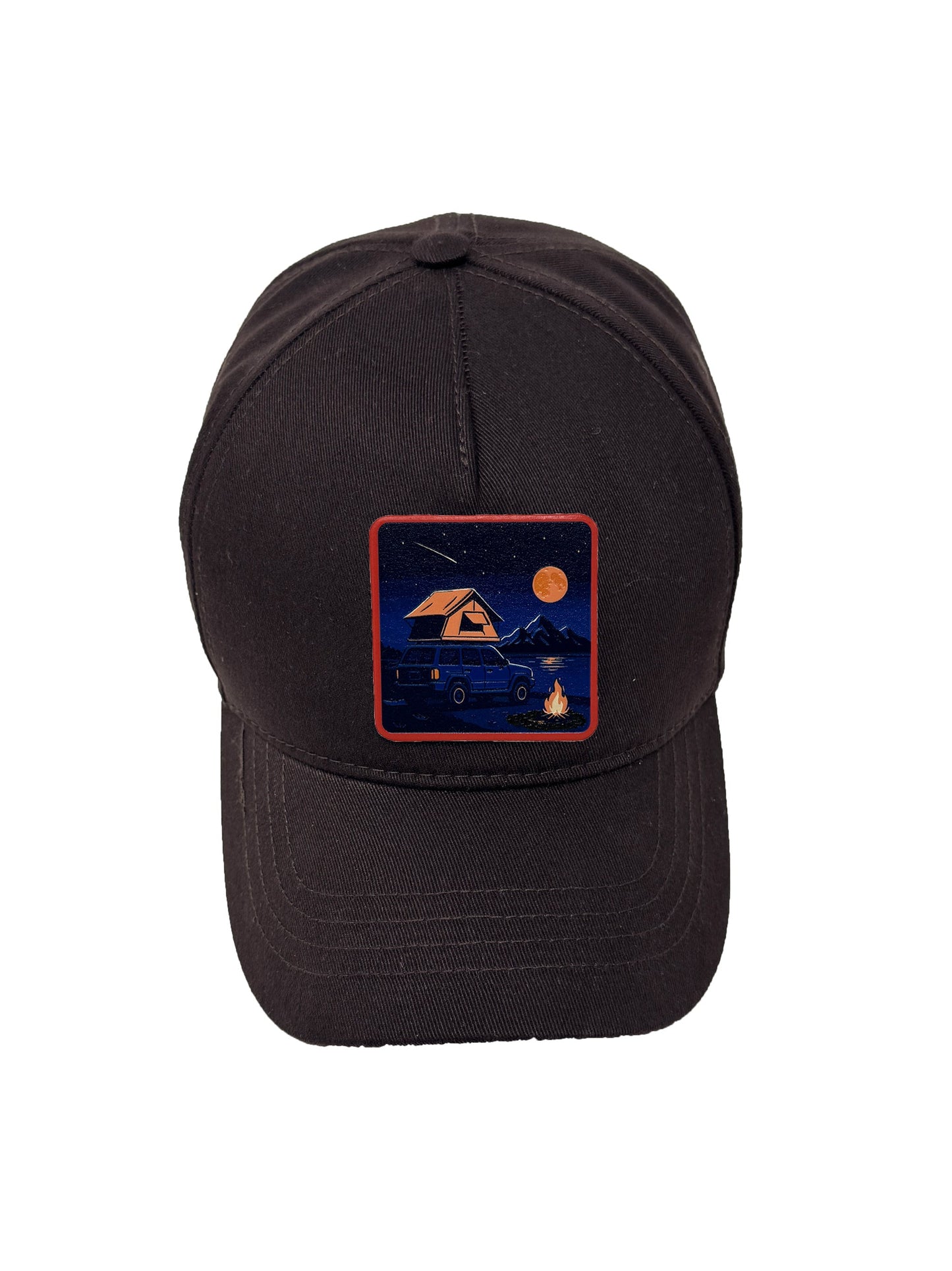 Campfire Nights | Embossed Removable Patch 5 Panel Baseball Hat – %100 Cotton, Adjustable Strapback, Curved Bill , One Size Fits Most