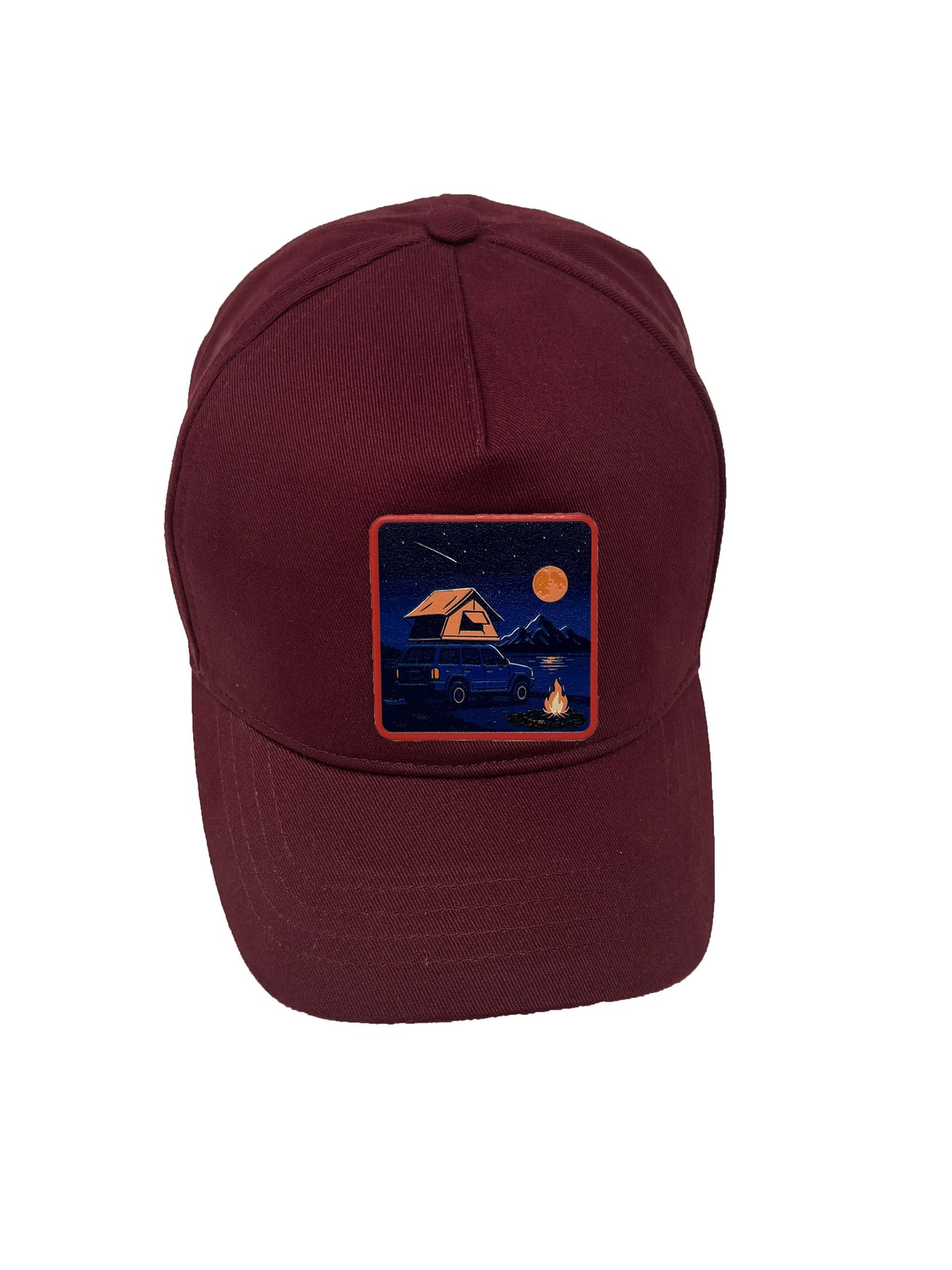 Campfire Nights | Embossed Removable Patch 5 Panel Baseball Hat – %100 Cotton, Adjustable Strapback, Curved Bill , One Size Fits Most