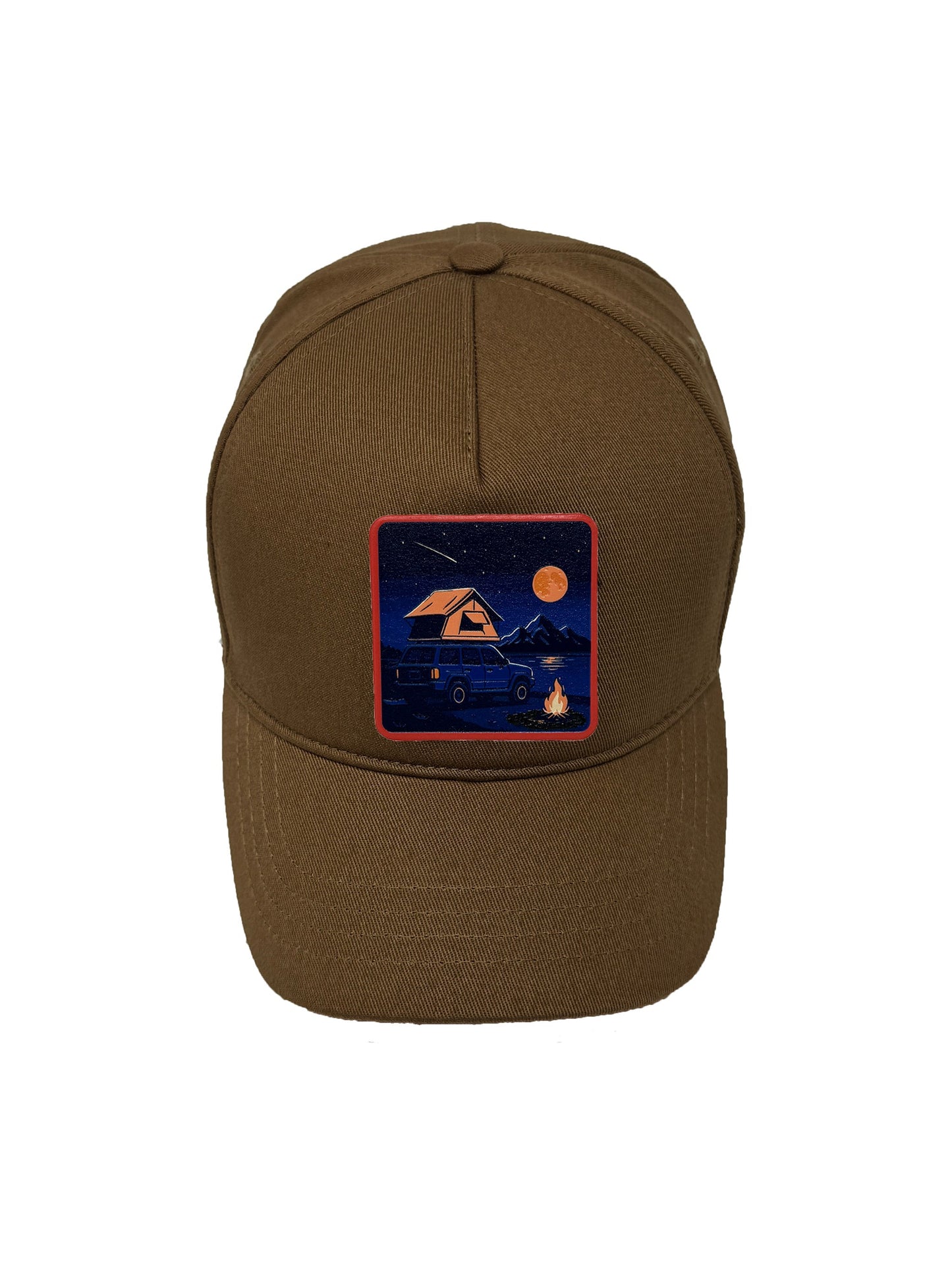 Campfire Nights | Embossed Removable Patch 5 Panel Baseball Hat – %100 Cotton, Adjustable Strapback, Curved Bill , One Size Fits Most