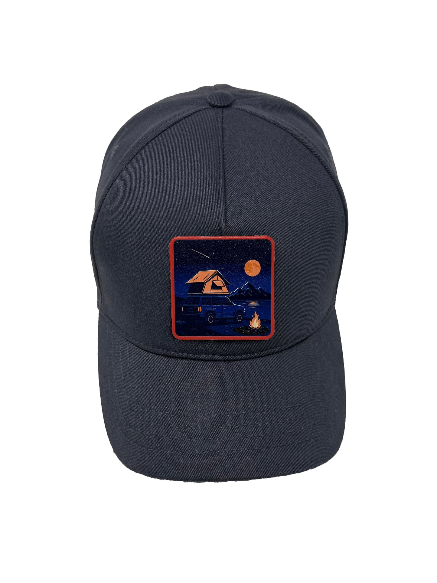 Campfire Nights | Embossed Removable Patch 5 Panel Baseball Hat – %100 Cotton, Adjustable Strapback, Curved Bill , One Size Fits Most