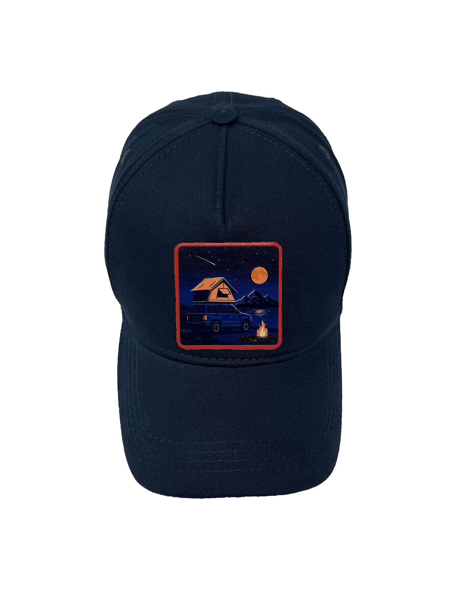 Campfire Nights | Embossed Removable Patch 5 Panel Baseball Hat – %100 Cotton, Adjustable Strapback, Curved Bill , One Size Fits Most