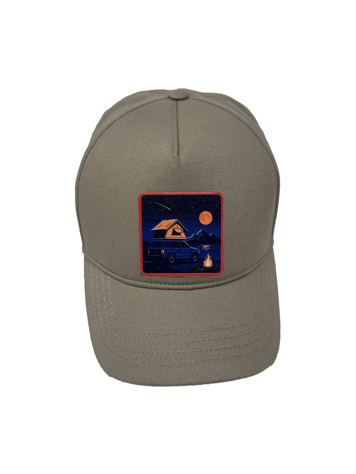 Campfire Nights | Embossed Removable Patch 5 Panel Baseball Hat – %100 Cotton, Adjustable Strapback, Curved Bill , One Size Fits Most