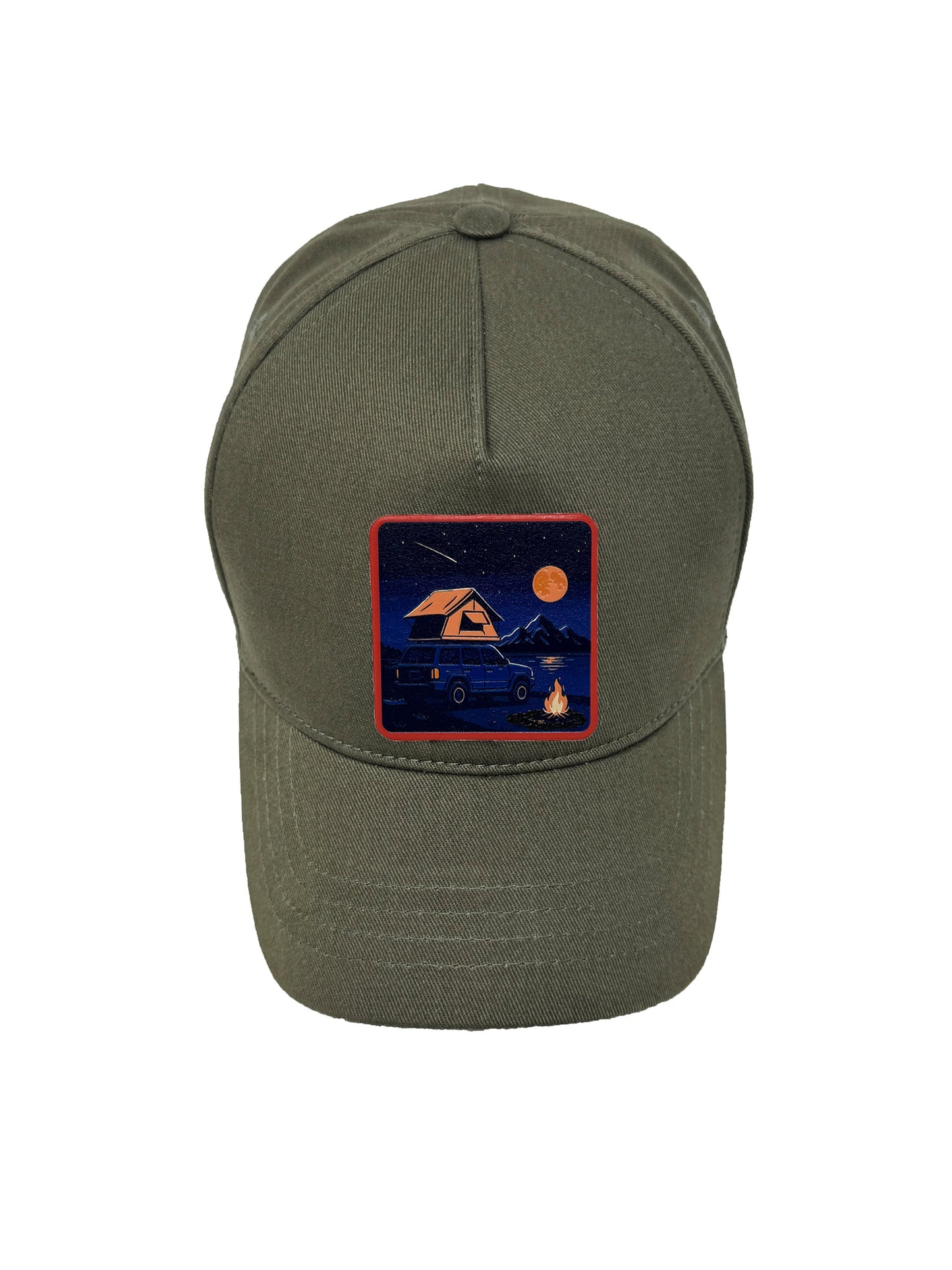 Campfire Nights | Embossed Removable Patch 5 Panel Baseball Hat – %100 Cotton, Adjustable Strapback, Curved Bill , One Size Fits Most