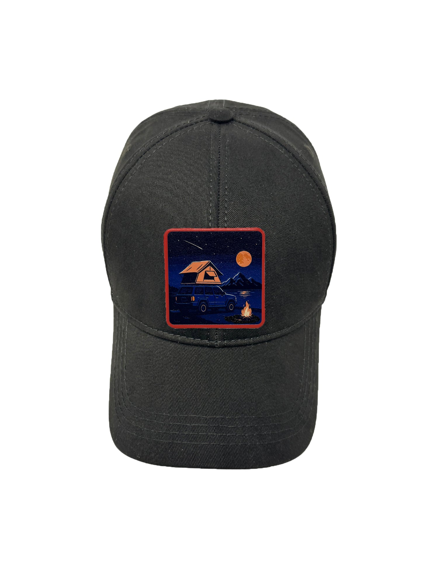 Campfire Nights | Embossed Removable Patch 6 Panel Baseball Hat – %100 Cotton, Adjustable Strapback, Curved Bill , One Size Fits Most