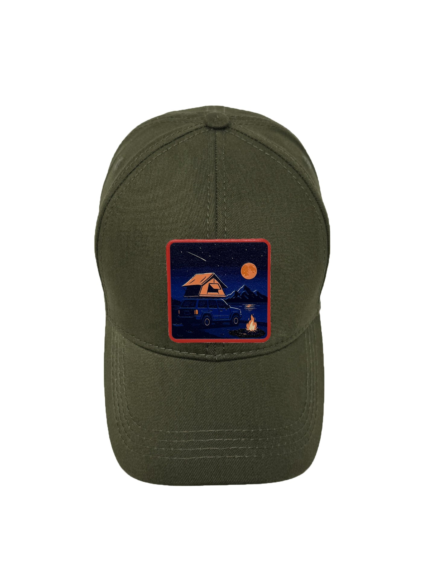 Campfire Nights | Embossed Removable Patch 6 Panel Baseball Hat – %100 Cotton, Adjustable Strapback, Curved Bill , One Size Fits Most
