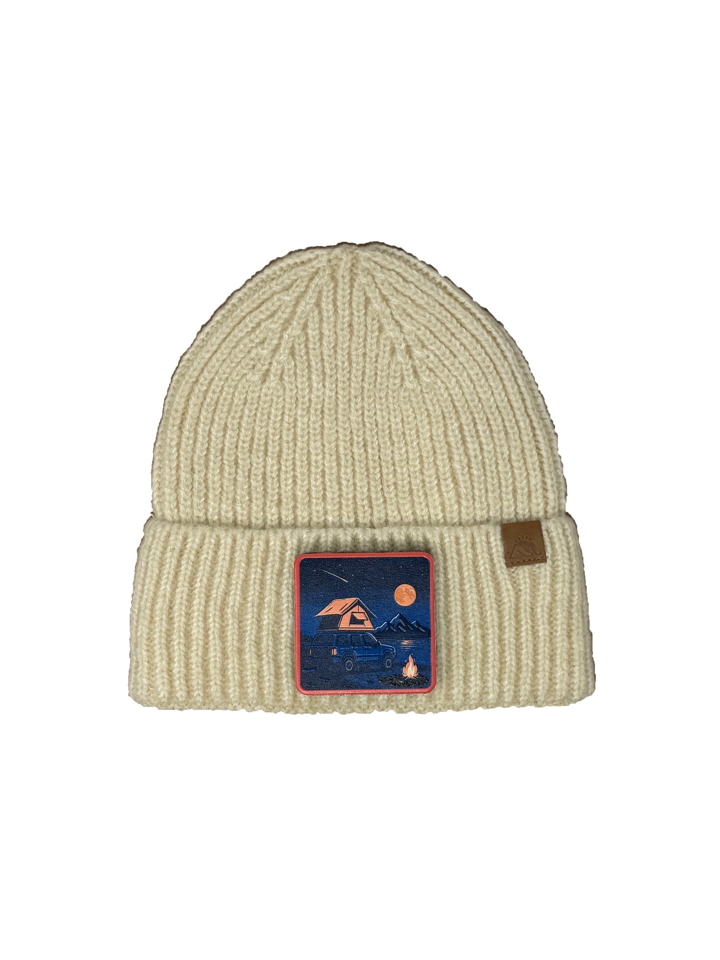 Campfire Nights | Embossed Removable Patch Beanie - Wool Blend, Soft, Warm, One Size Fits All