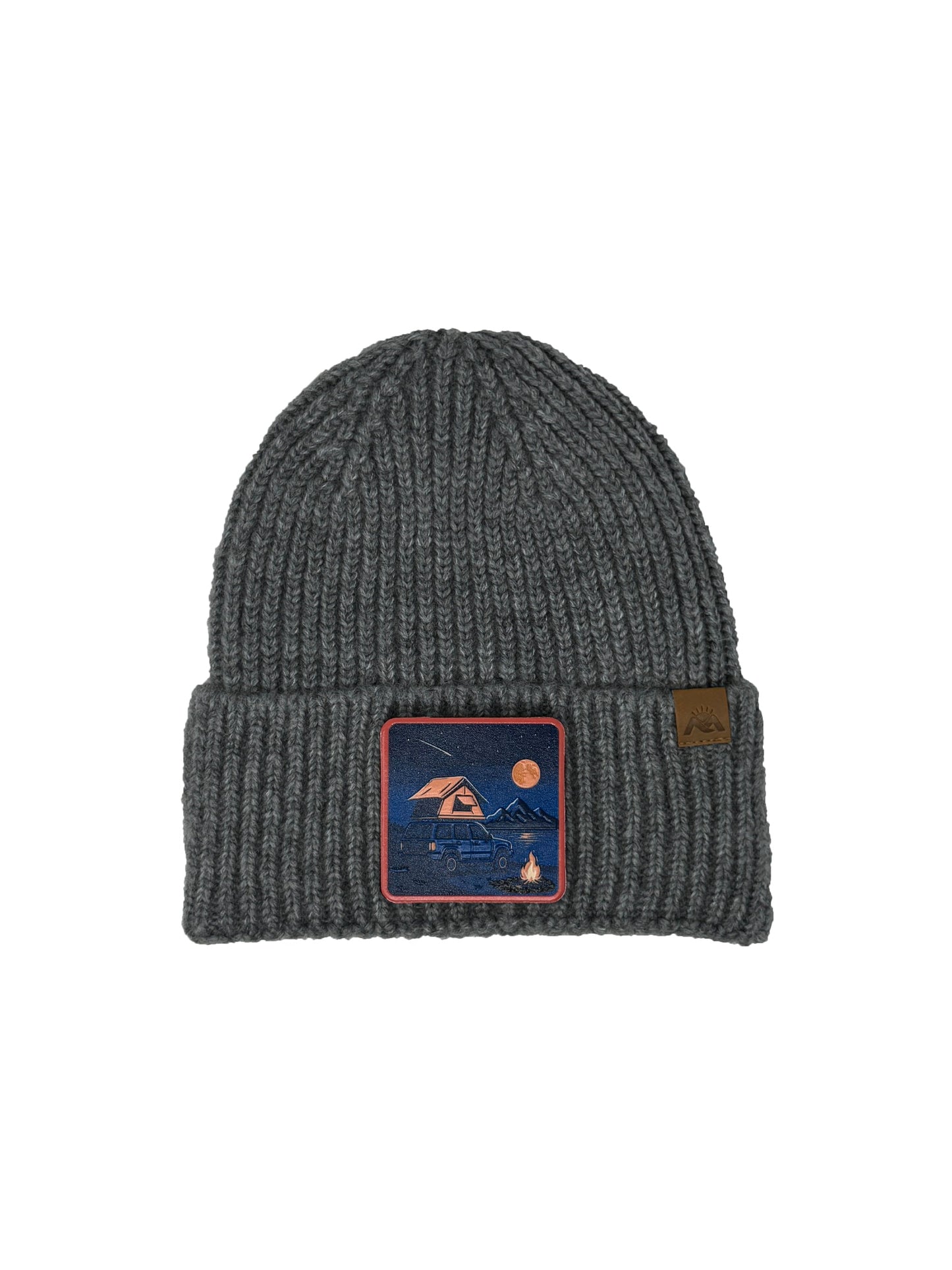 Campfire Nights | Embossed Removable Patch Beanie - Wool Blend, Soft, Warm, One Size Fits Most