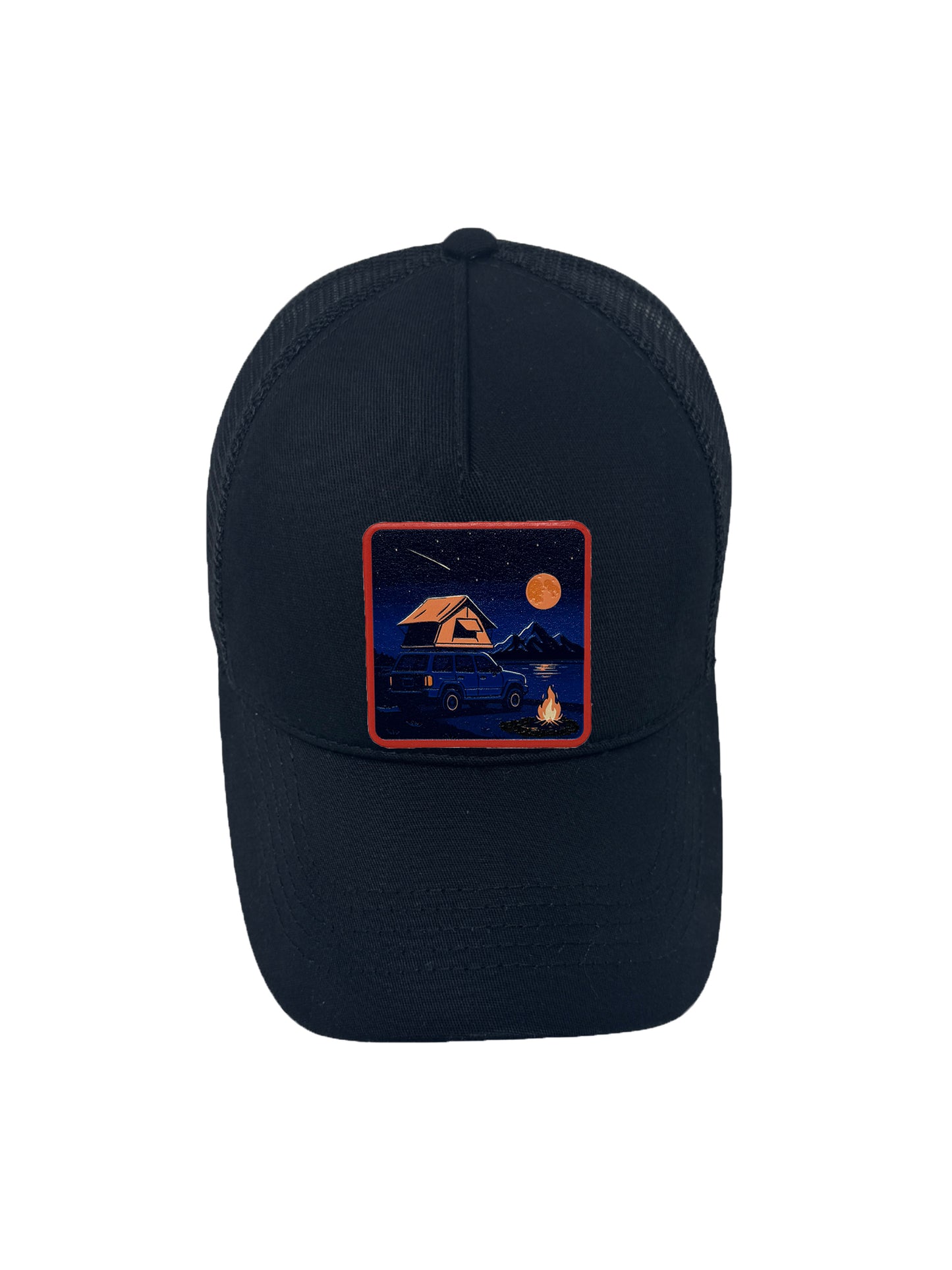 Campfire Nights | Embossed Removable Patch Trucker Hat – Adjustable Snapback, Breathable Mesh, One Size Fits Most