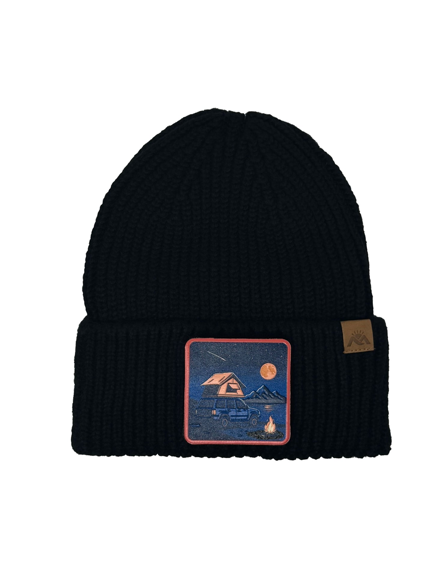 Campfire Nights | Embossed Removable Patch Beanie - Wool Blend, Soft, Warm, One Size Fits Most