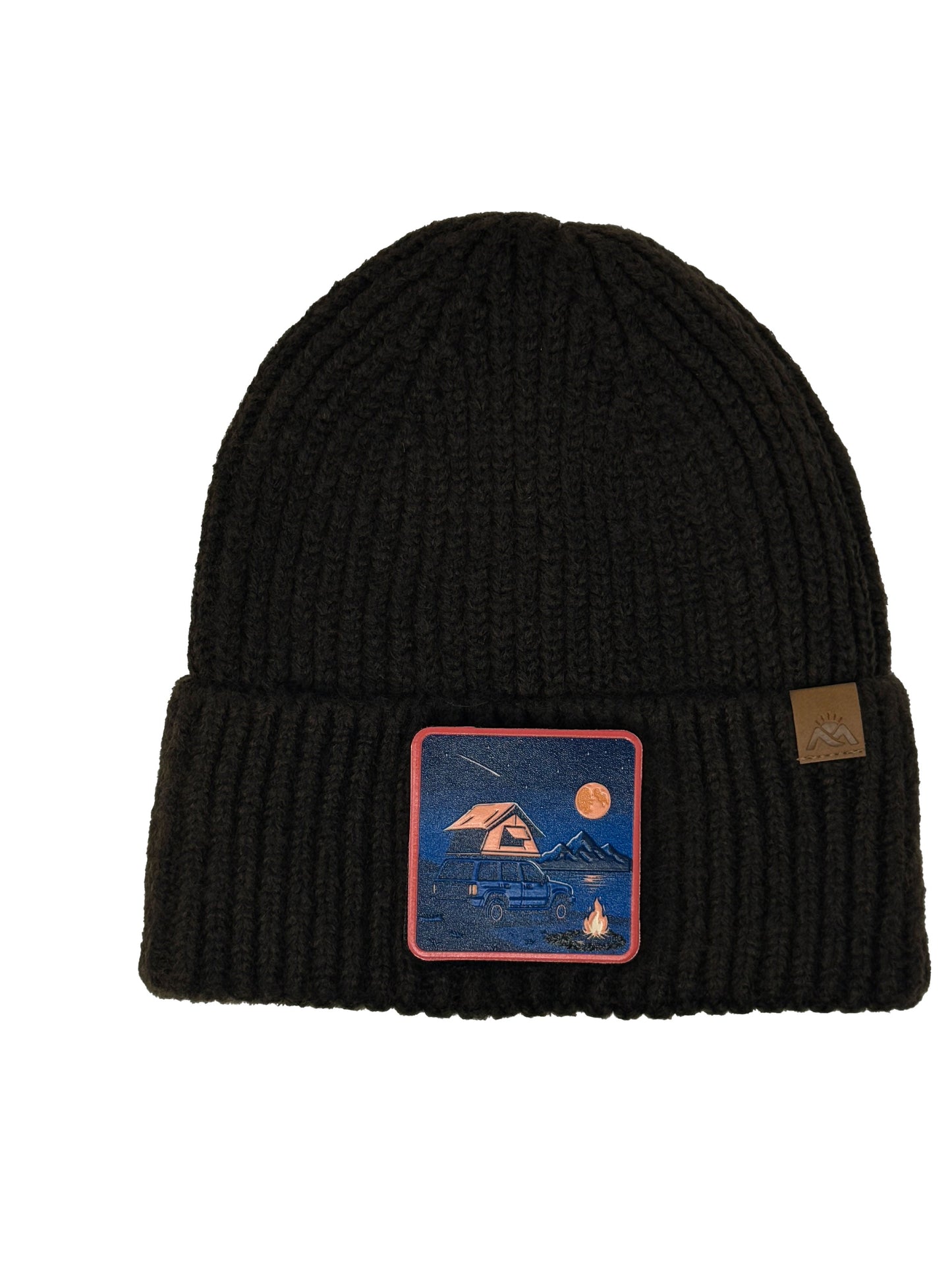 Campfire Nights | Embossed Removable Patch Beanie - Wool Blend, Soft, Warm, One Size Fits Most