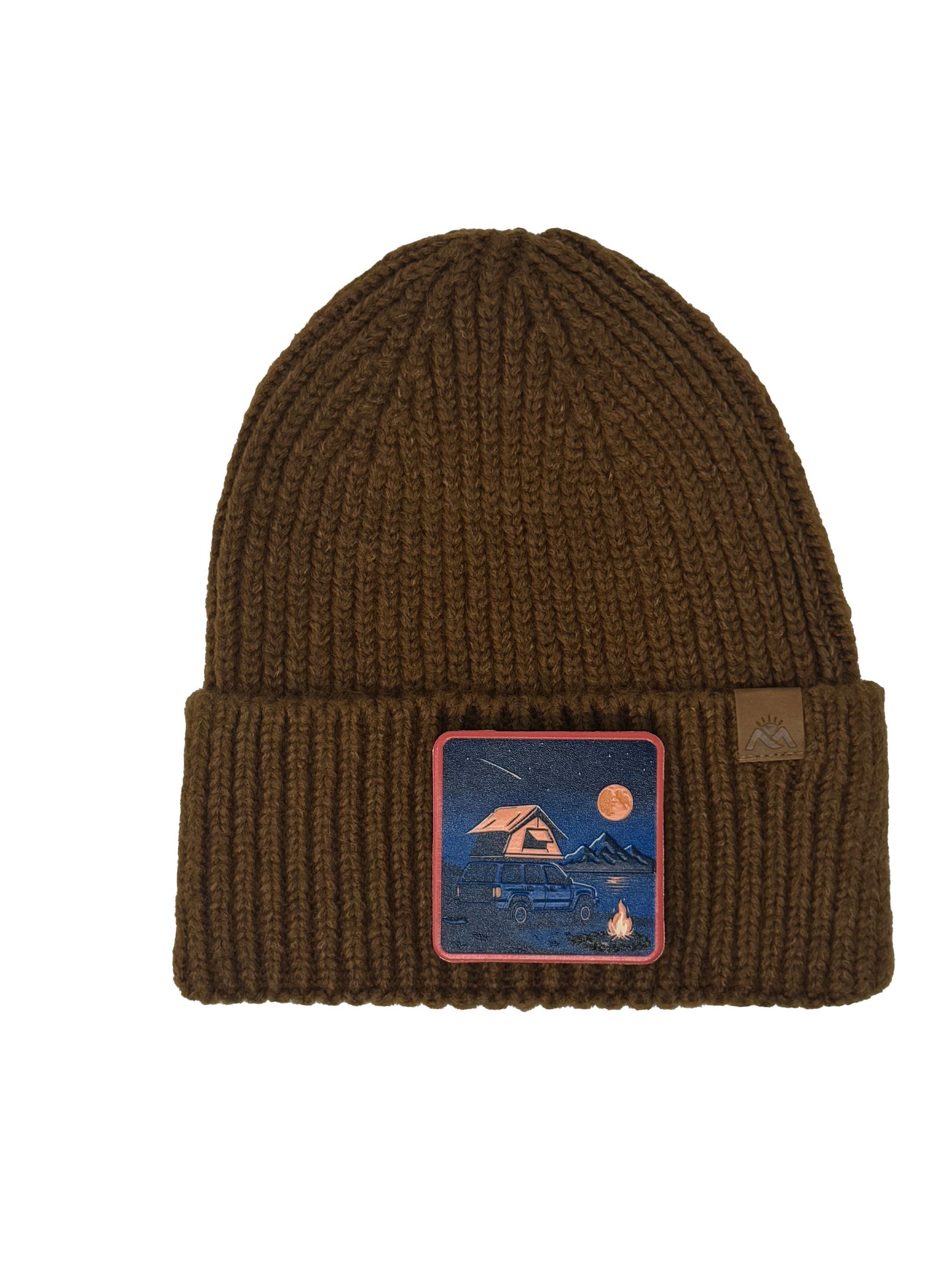 Campfire Nights | Embossed Removable Patch Beanie - Wool Blend, Soft, Warm, One Size Fits Most
