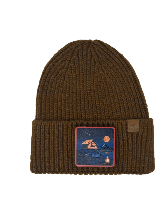 Campfire Nights | Embossed Removable Patch Beanie - Wool Blend, Soft, Warm, One Size Fits Most