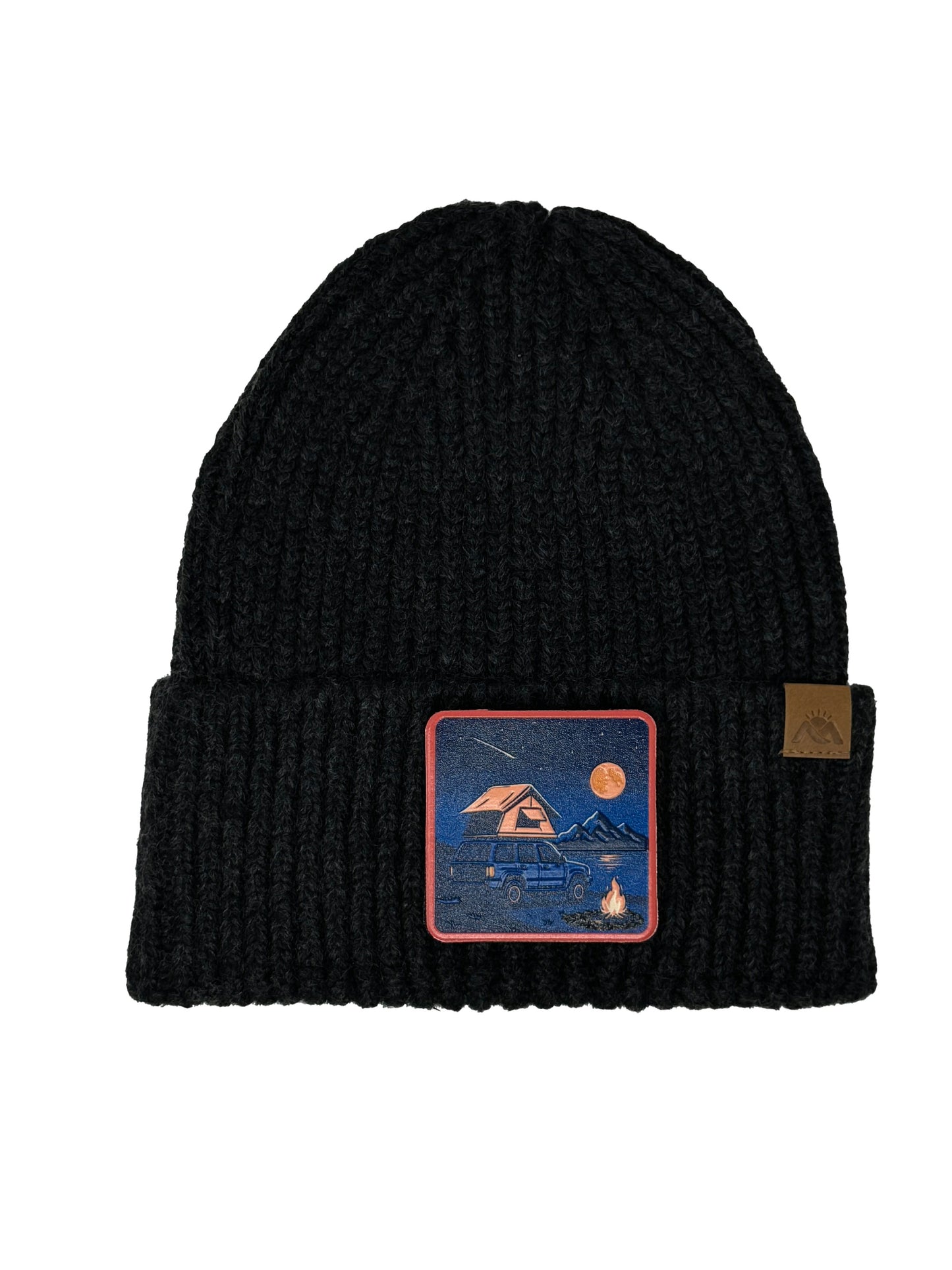 Campfire Nights | Embossed Removable Patch Beanie - Wool Blend, Soft, Warm, One Size Fits All