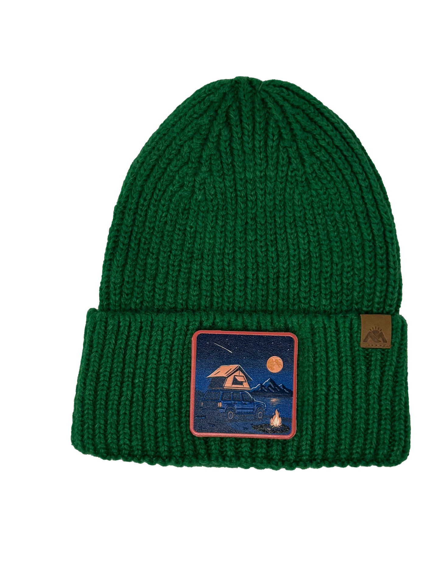 Campfire Nights | Embossed Removable Patch Beanie - Wool Blend, Soft, Warm, One Size Fits Most