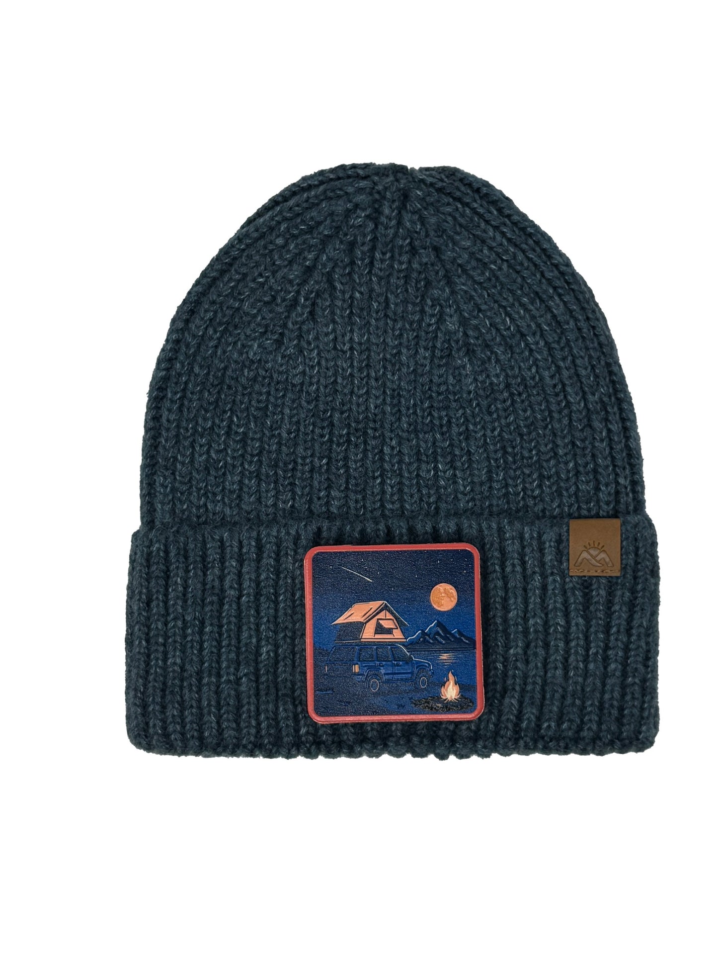 Campfire Nights | Embossed Removable Patch Beanie - Wool Blend, Soft, Warm, One Size Fits Most