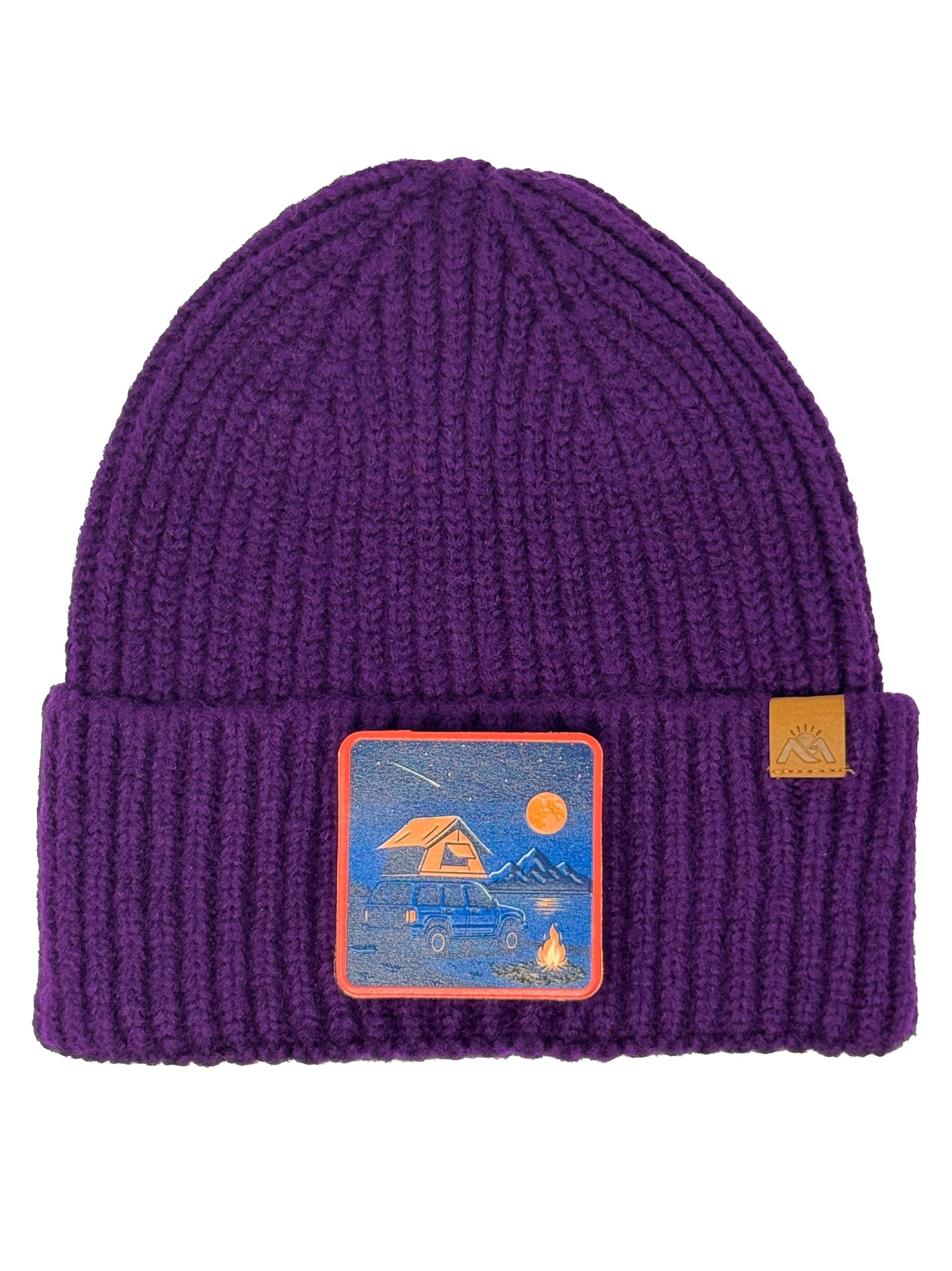 Campfire Nights | Embossed Removable Patch Beanie - Wool Blend, Soft, Warm, One Size Fits Most