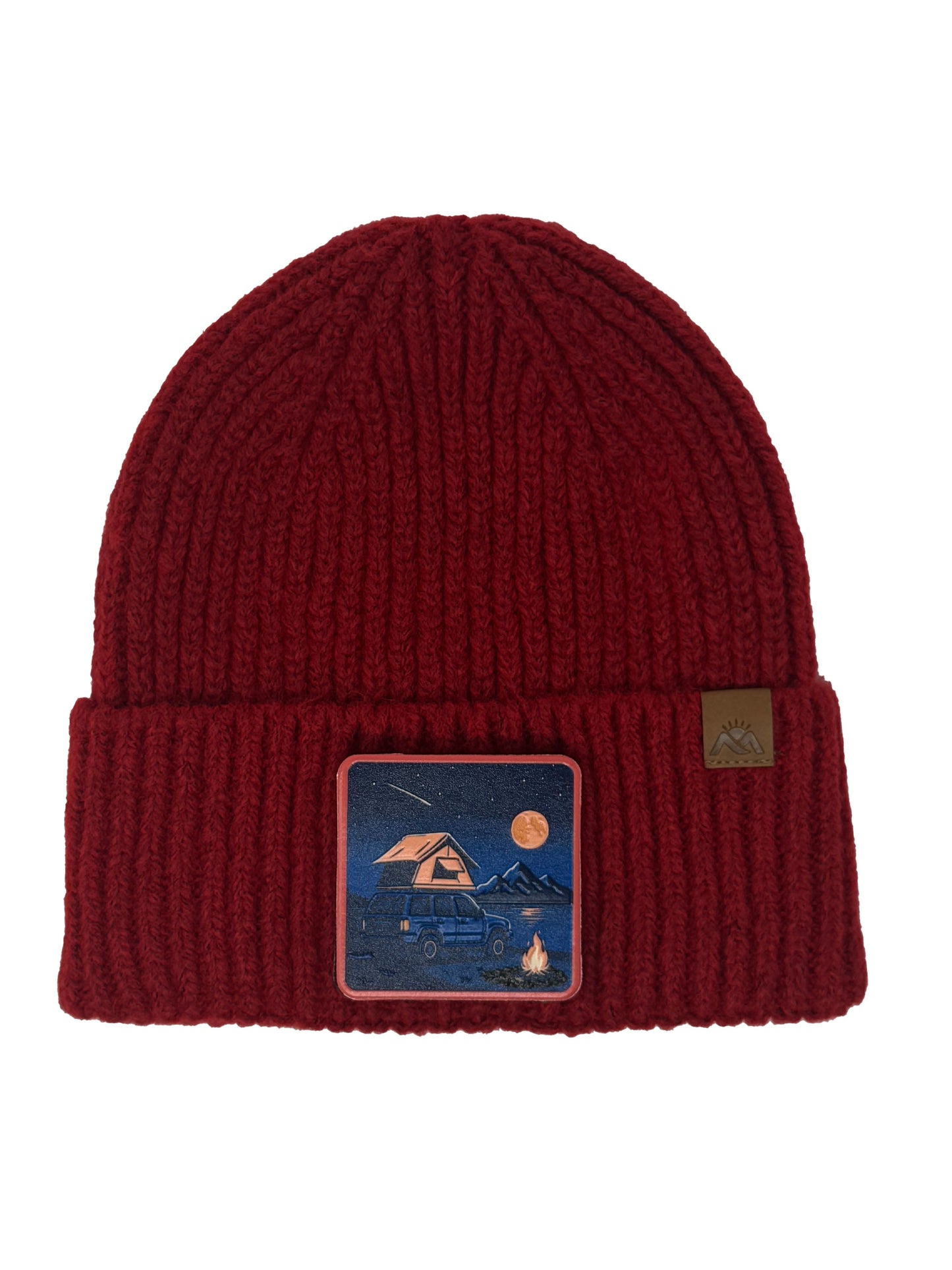 Campfire Nights | Embossed Removable Patch Beanie - Wool Blend, Soft, Warm, One Size Fits All