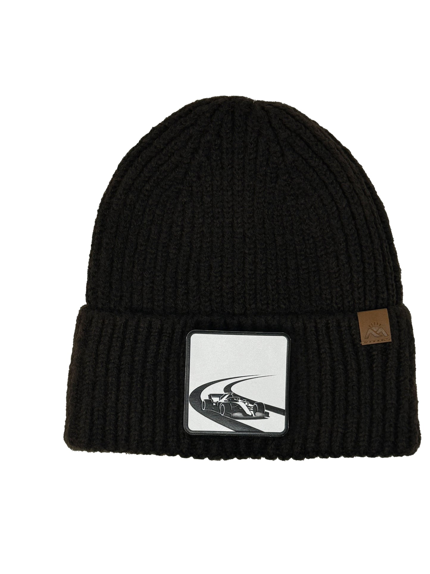 Checkered Flag | Embossed Removable Racing Patch Beanie - Wool Blend, Soft, Warm, One Size Fits Most