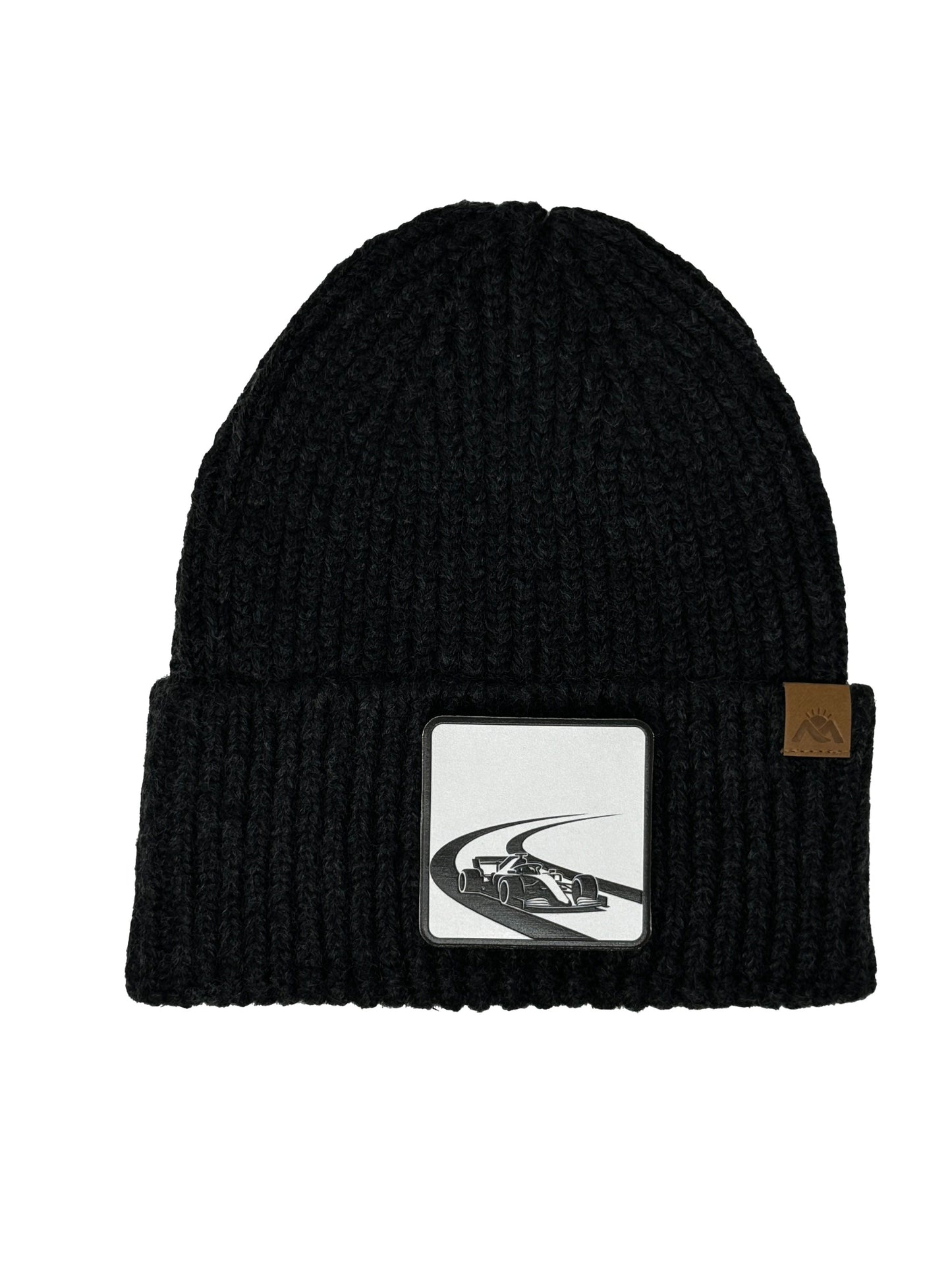Checkered Flag | Embossed Removable Racing Patch Beanie - Wool Blend, Soft, Warm, One Size Fits Most