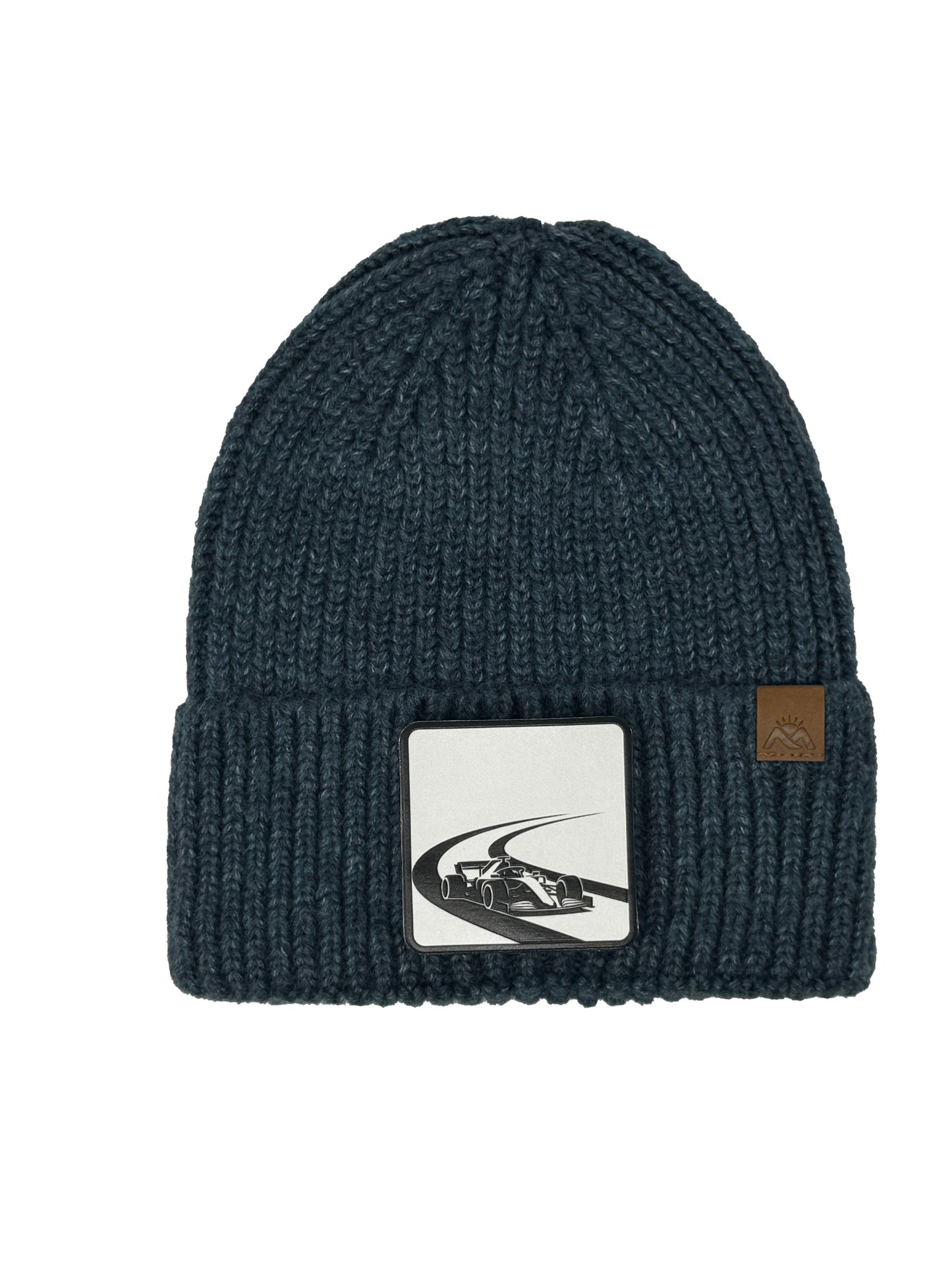 Checkered Flag | Embossed Removable Racing Patch Beanie - Wool Blend, Soft, Warm, One Size Fits Most